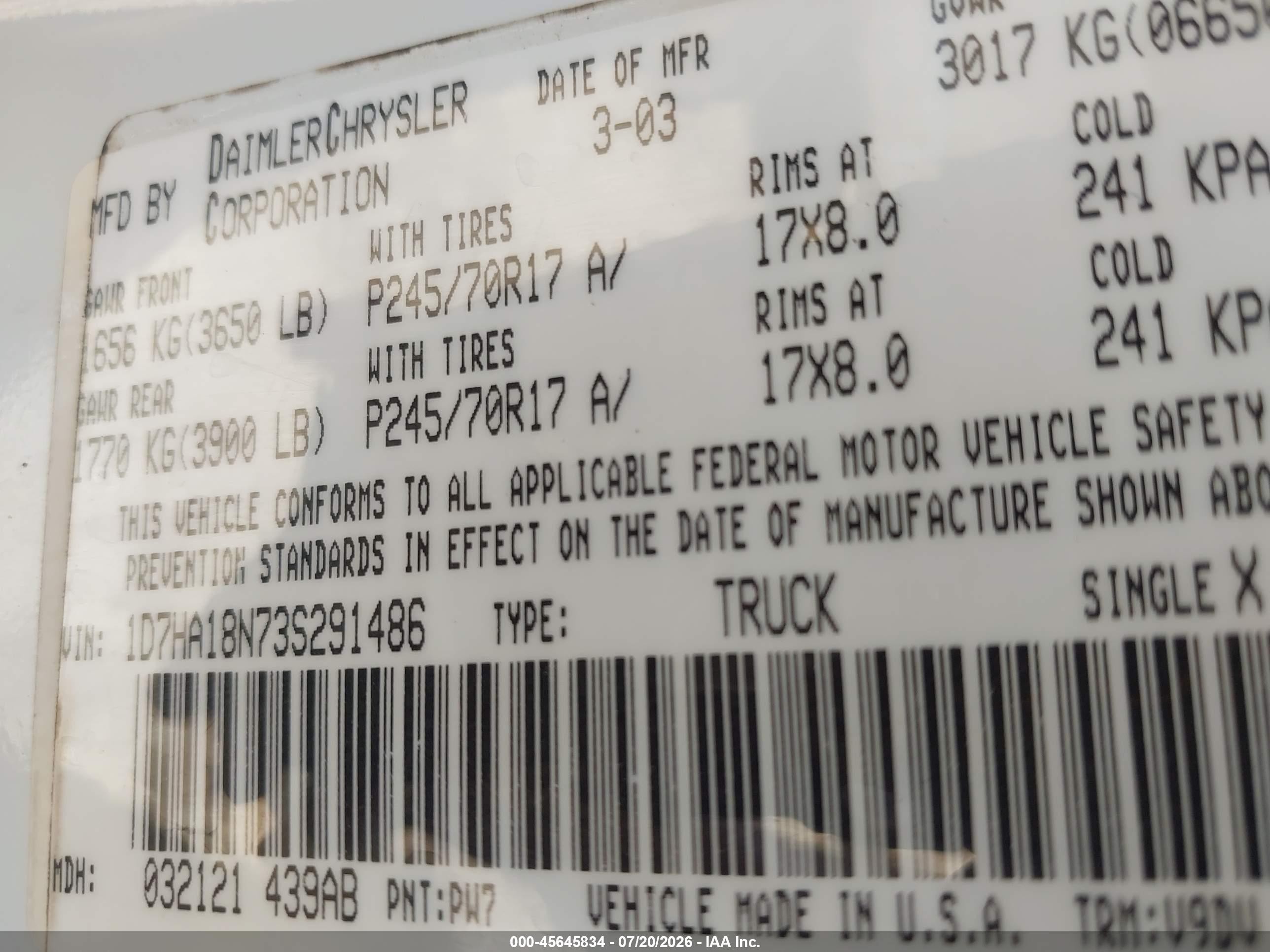 2003 Dodge Ram 1500 Slt/laramie/st Белый vin: 1D7HA18N73S291486