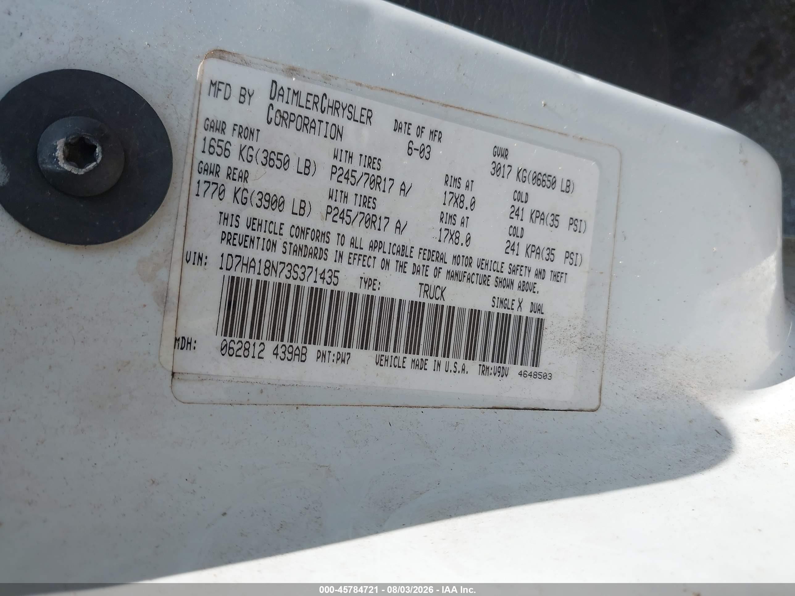 2003 Dodge Ram 1500 Slt/laramie/st White vin: 1D7HA18N73S371435