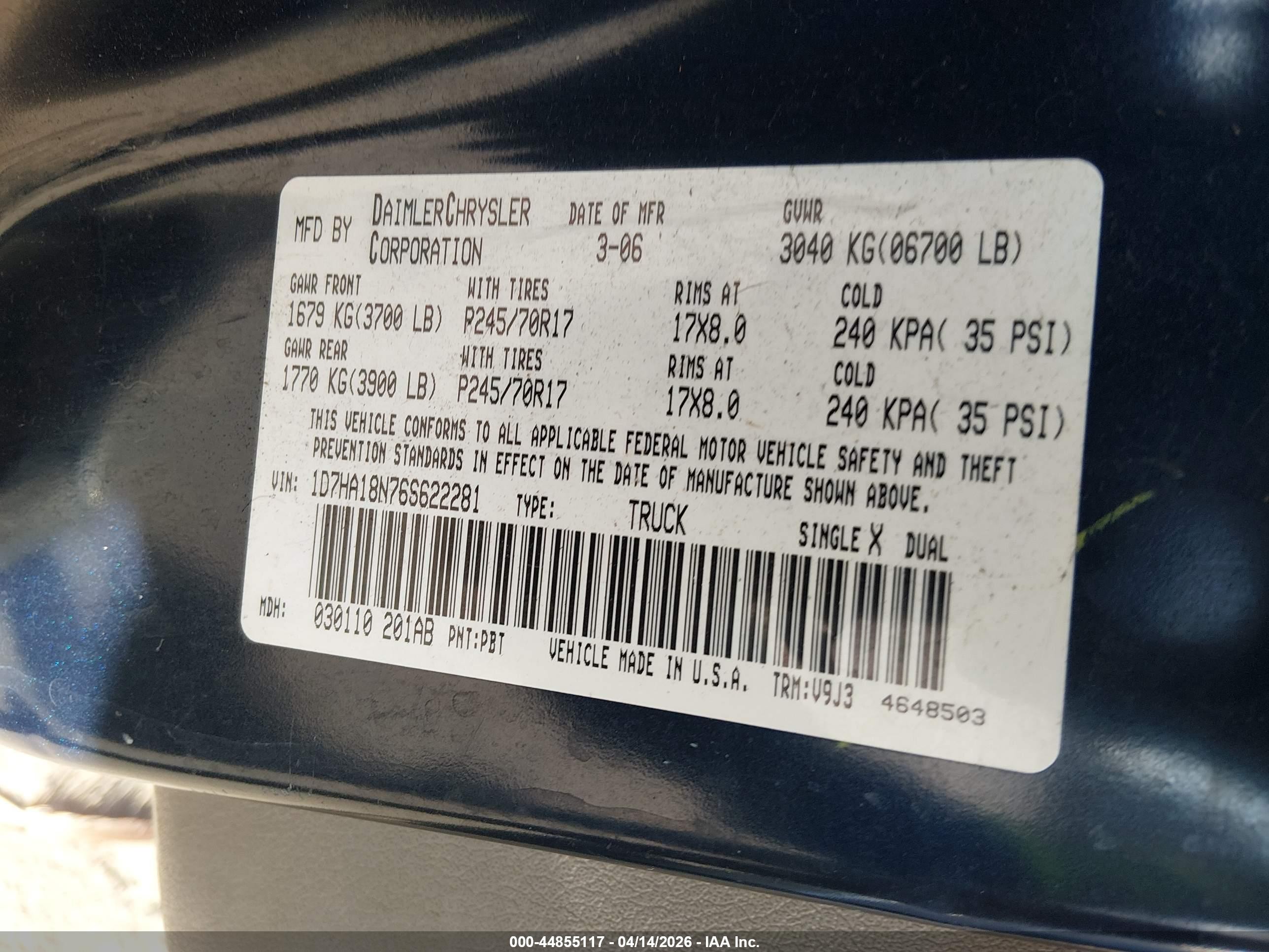 2006 Dodge Ram 1500 Slt Blue vin: 1D7HA18N76S622281