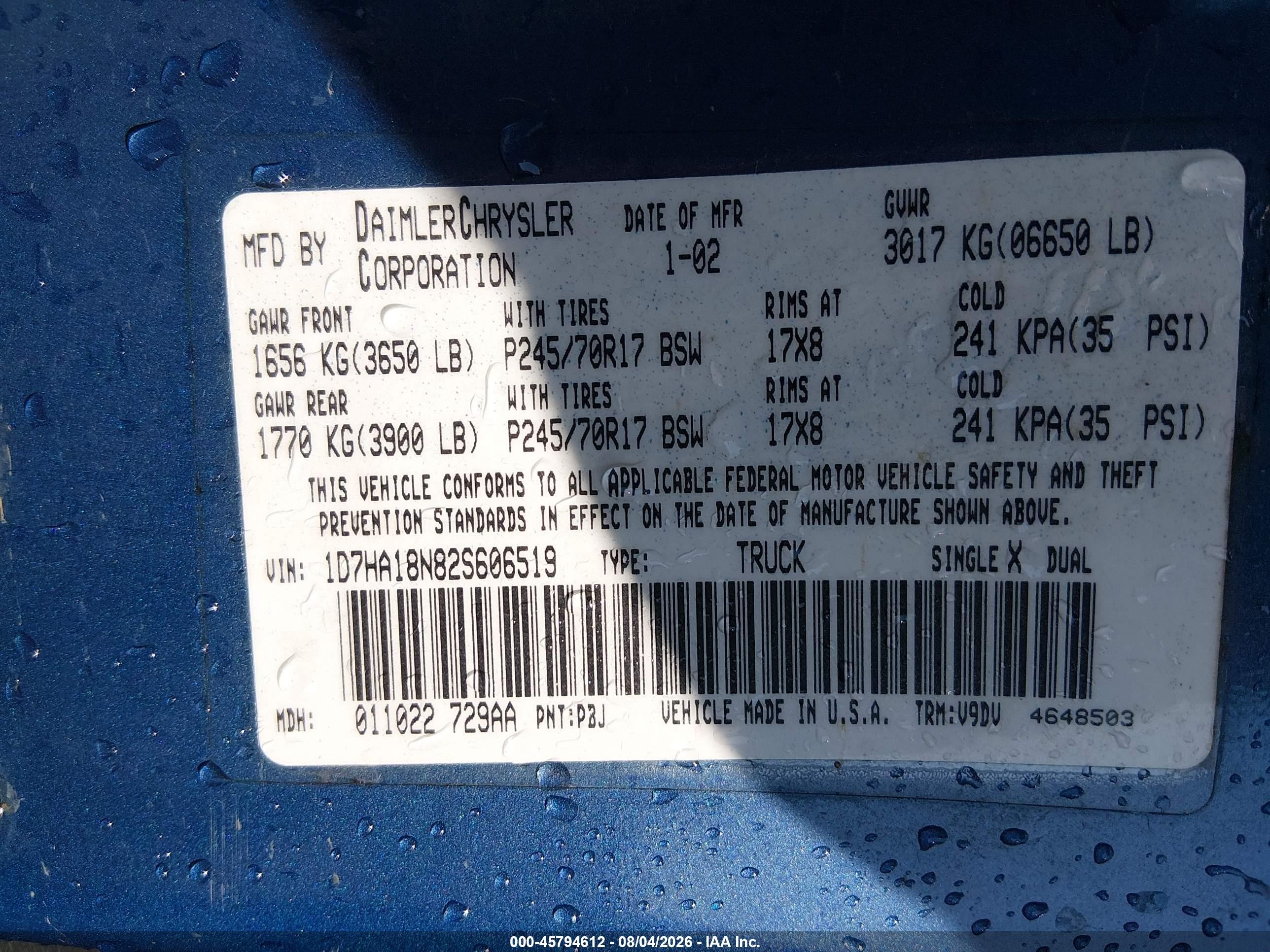 2002 Dodge Ram 1500 St Blue vin: 1D7HA18N82S606519