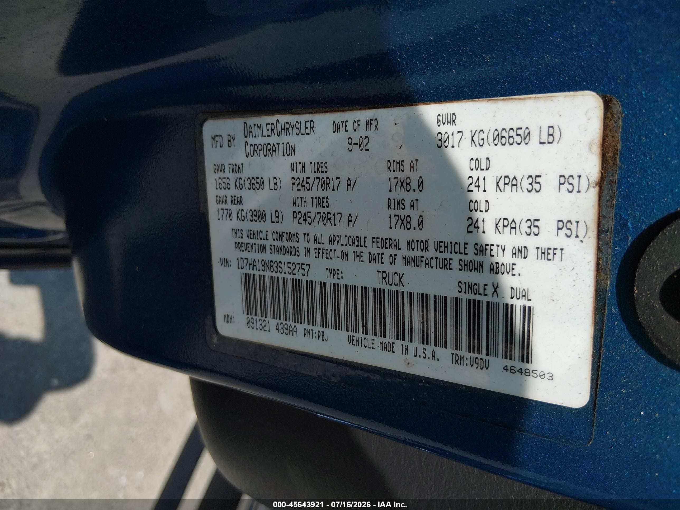 2003 Dodge Ram 1500 Slt/laramie/st Blue vin: 1D7HA18N83S152757