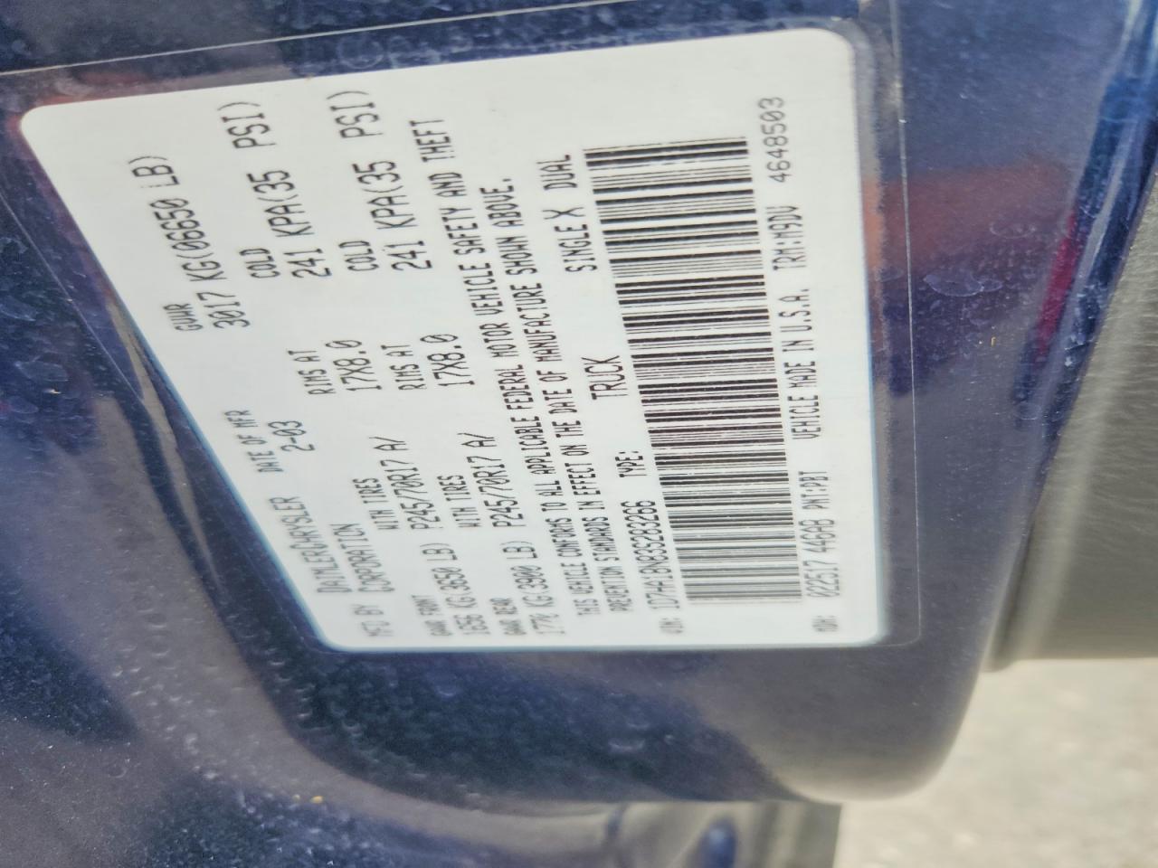 2003 Dodge Ram 1500 St Blue vin: 1D7HA18N83S283266