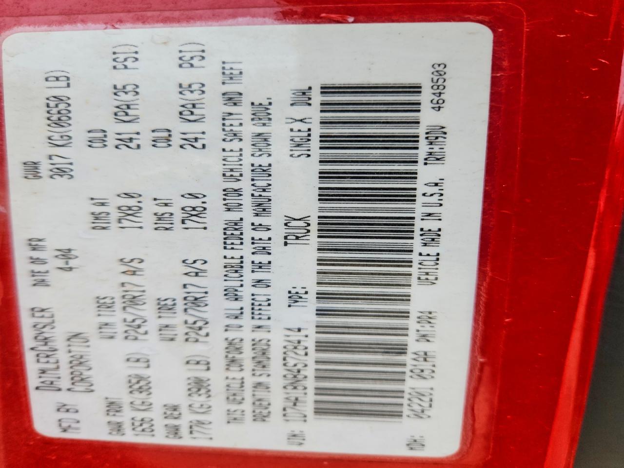 2004 Dodge Ram 1500 St Red vin: 1D7HA18N84S728414