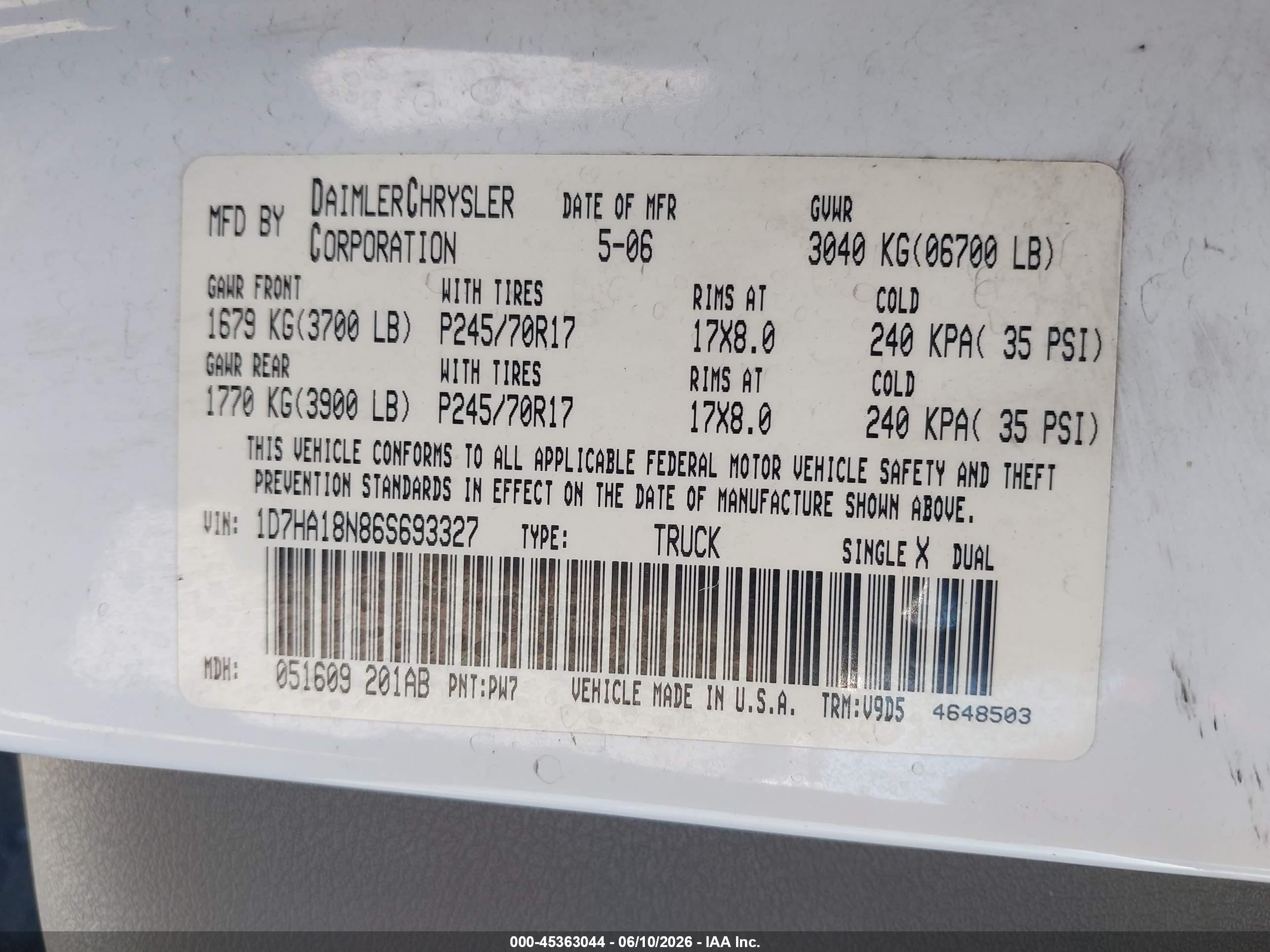 2006 Dodge Ram 1500 Slt White vin: 1D7HA18N86S693327