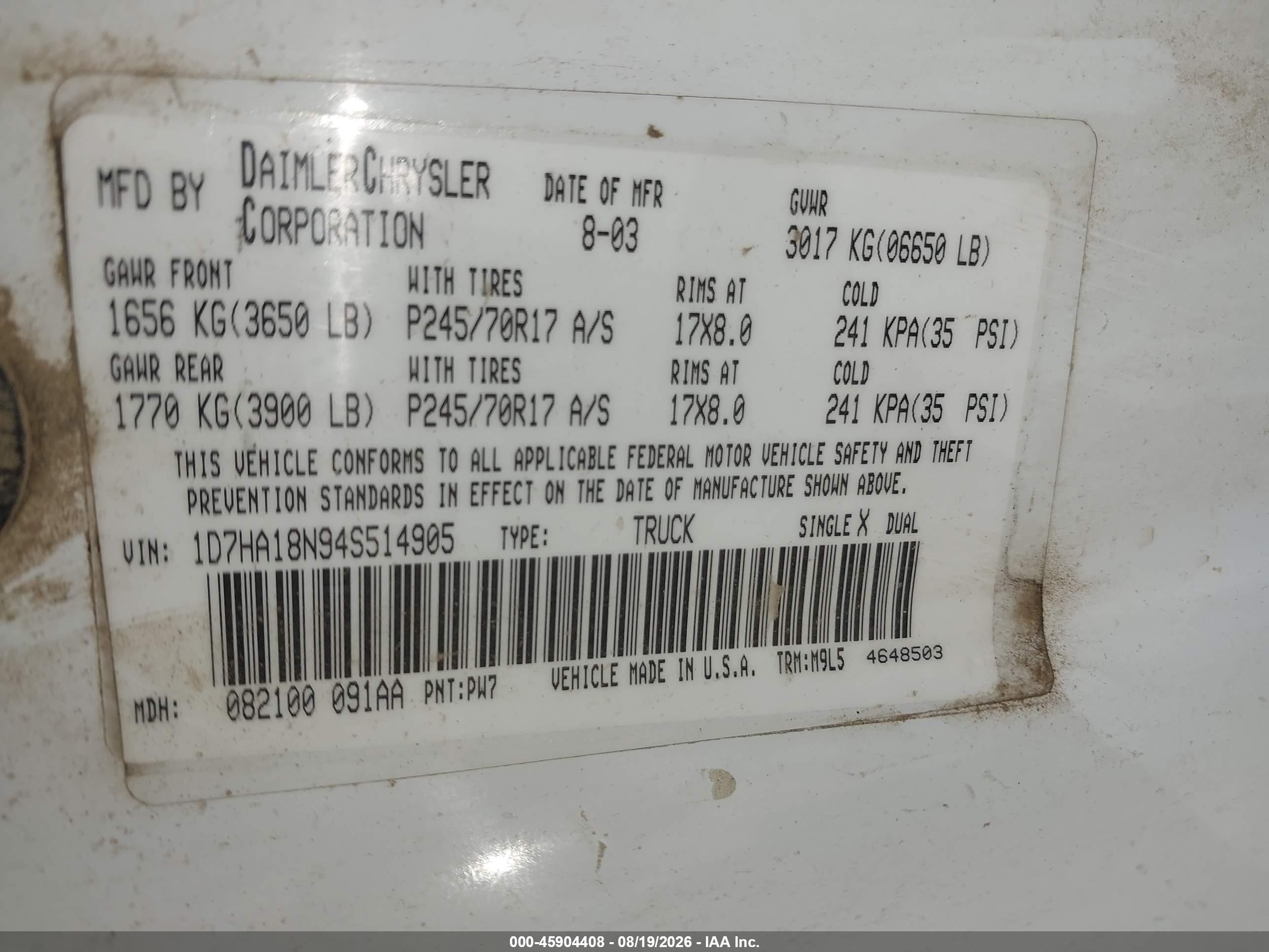 2004 Dodge Ram 1500 Slt/laramie White vin: 1D7HA18N94S514905