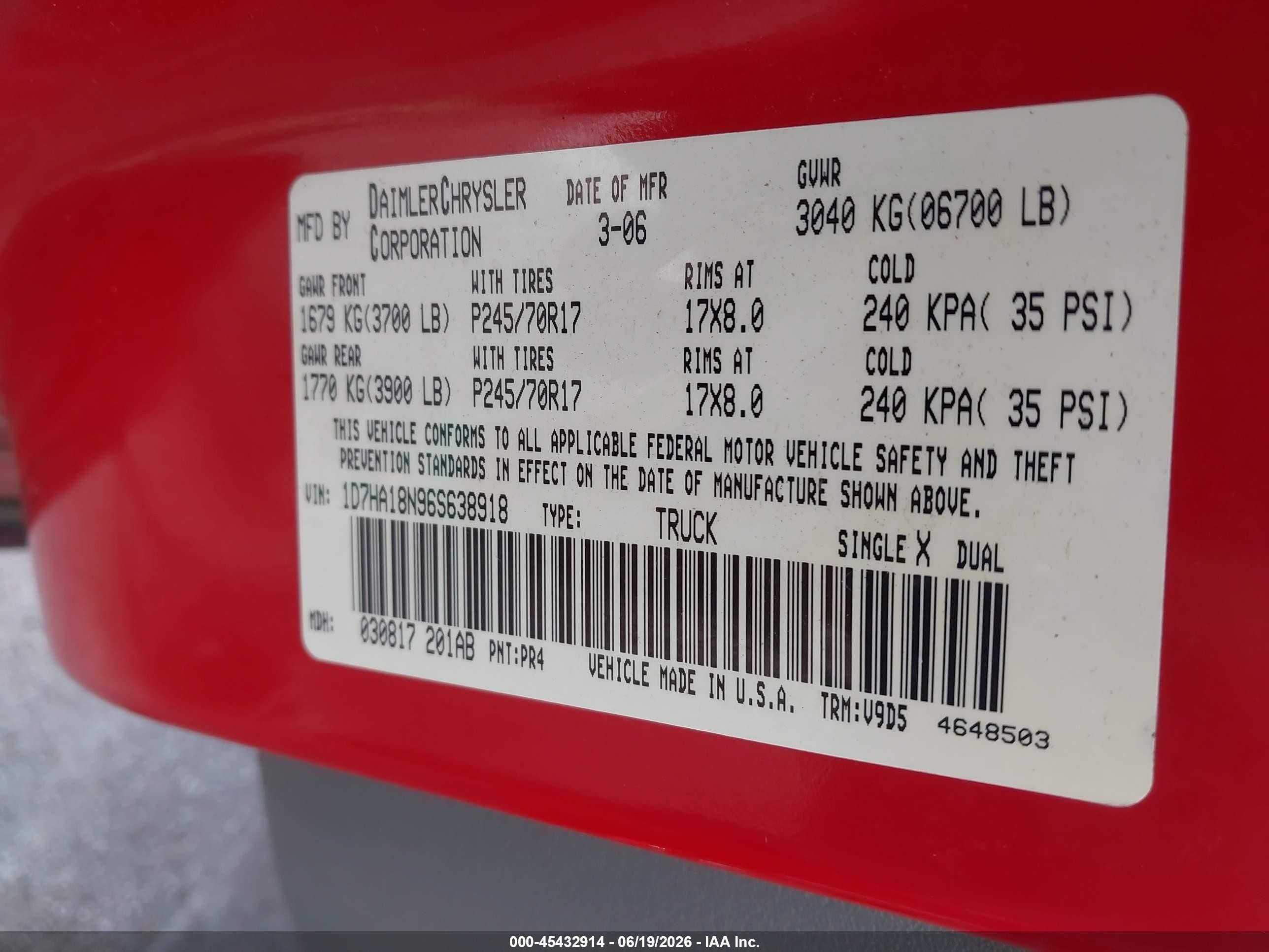 2006 Dodge Ram 1500 Slt Red vin: 1D7HA18N96S638918