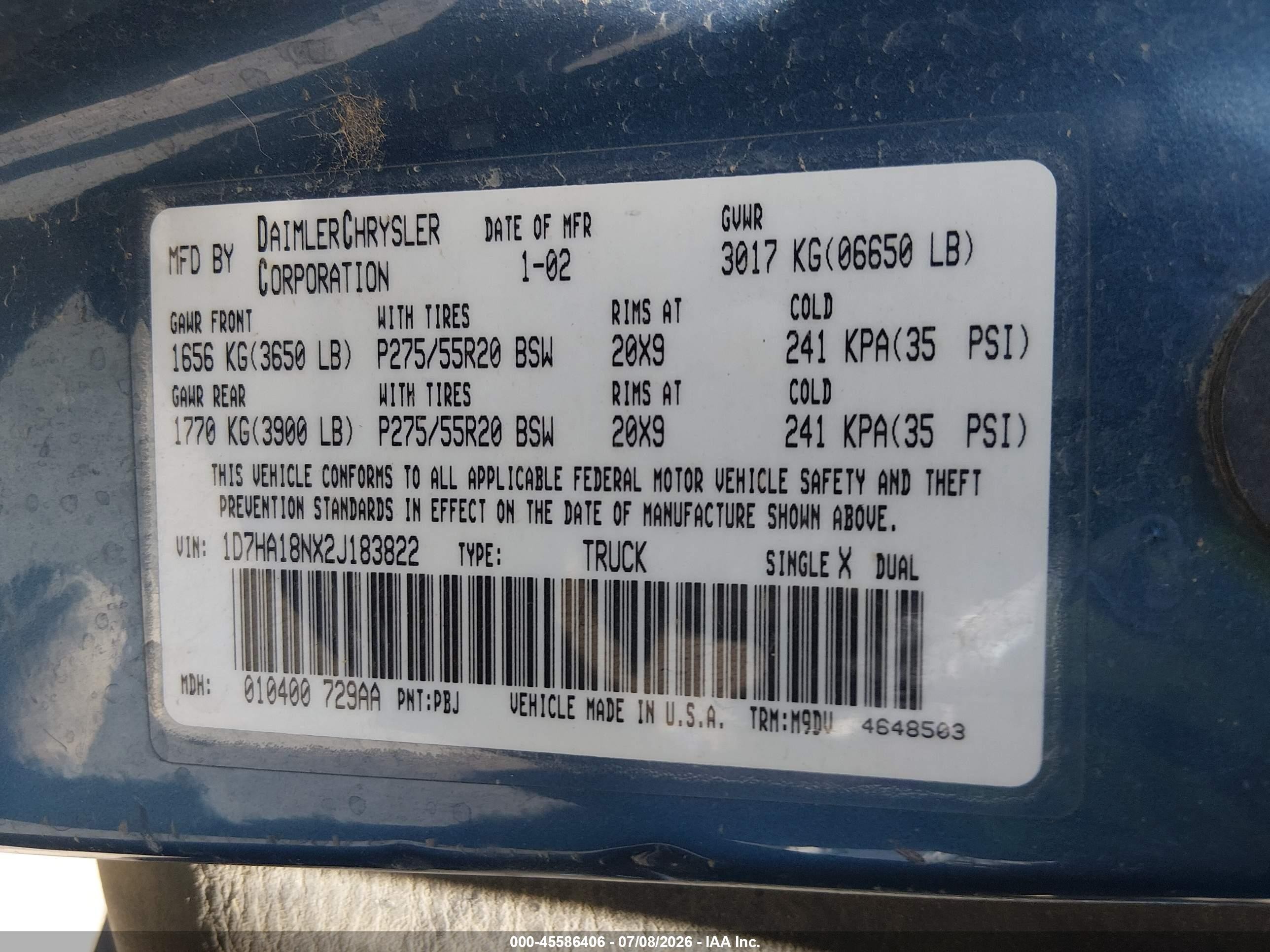 2002 Dodge Ram 1500 St Blue vin: 1D7HA18NX2J183822