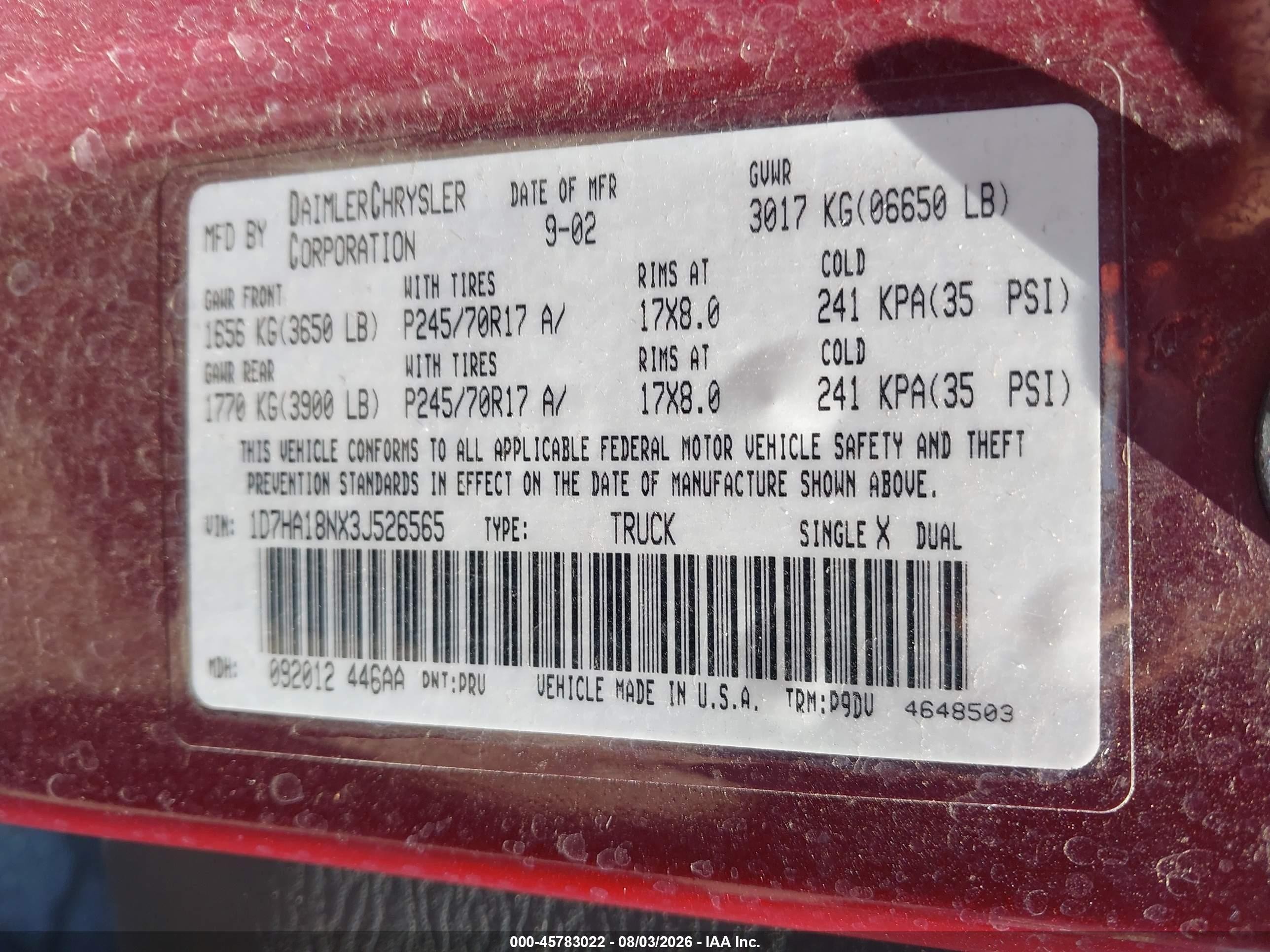 2003 Dodge Ram 1500 Slt/laramie/st Burgundy vin: 1D7HA18NX3J526565