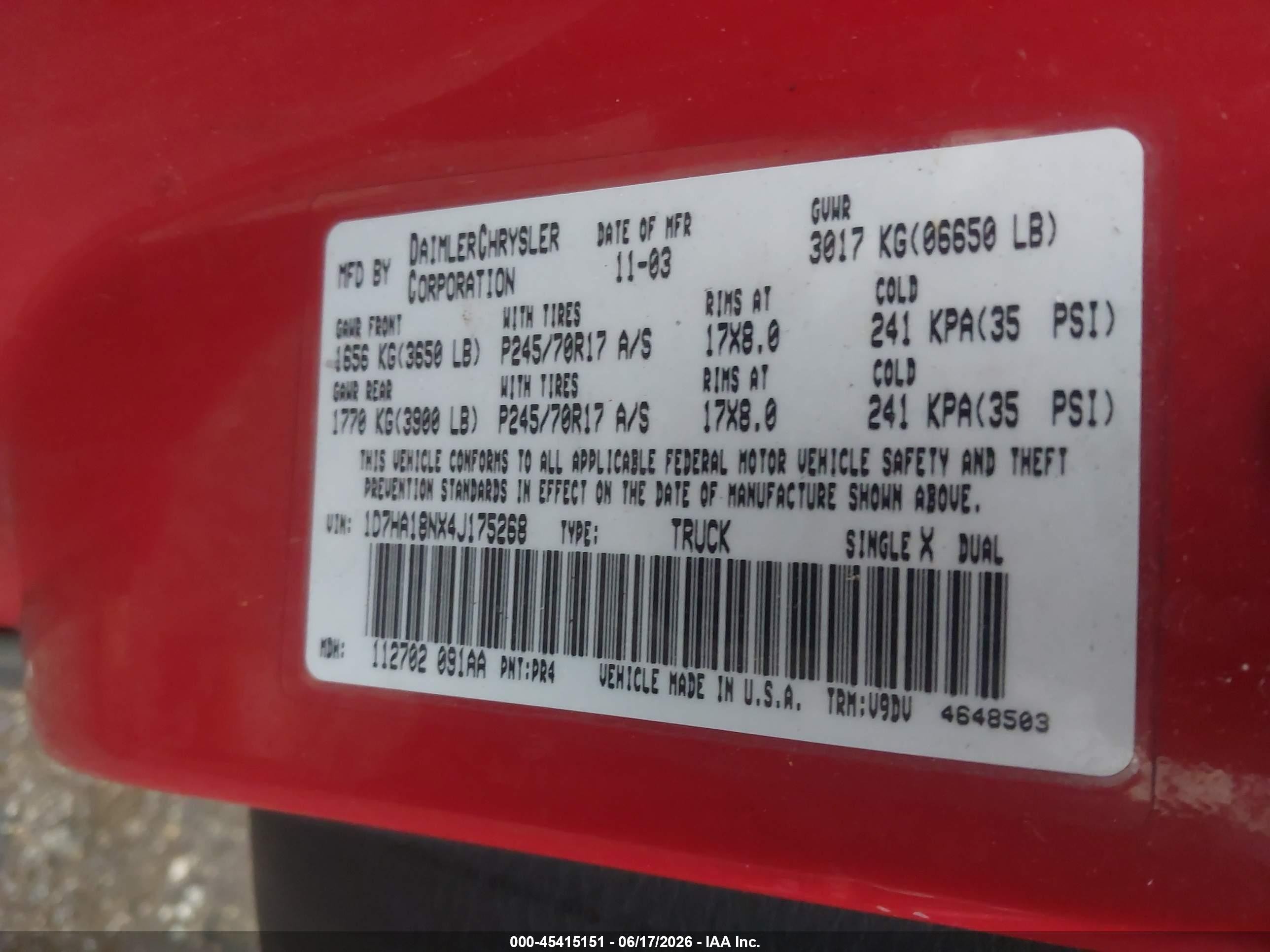 2004 Dodge Ram 1500 Slt/laramie Red vin: 1D7HA18NX4J175268