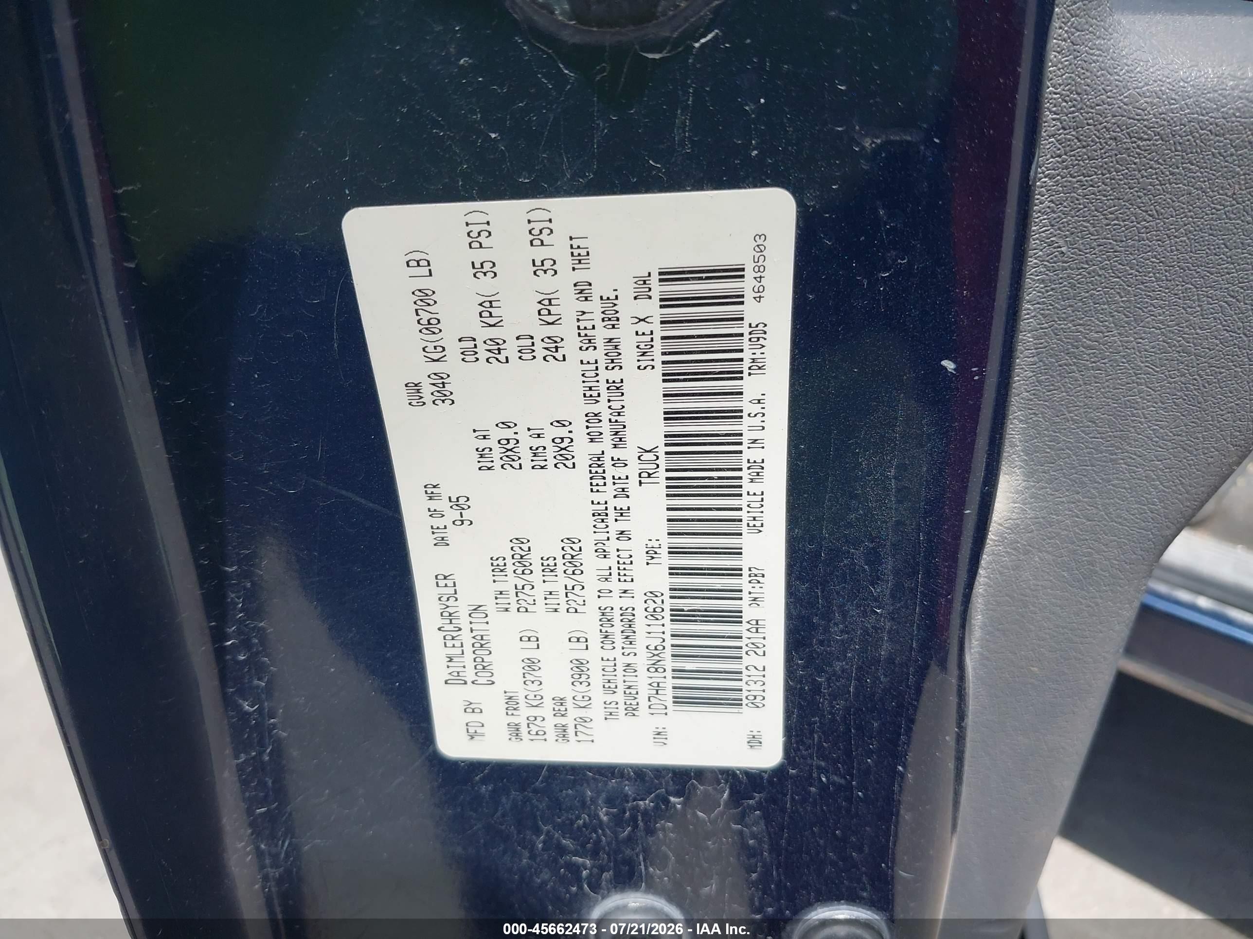 2006 Dodge Ram 1500 Slt Blue vin: 1D7HA18NX6J110620