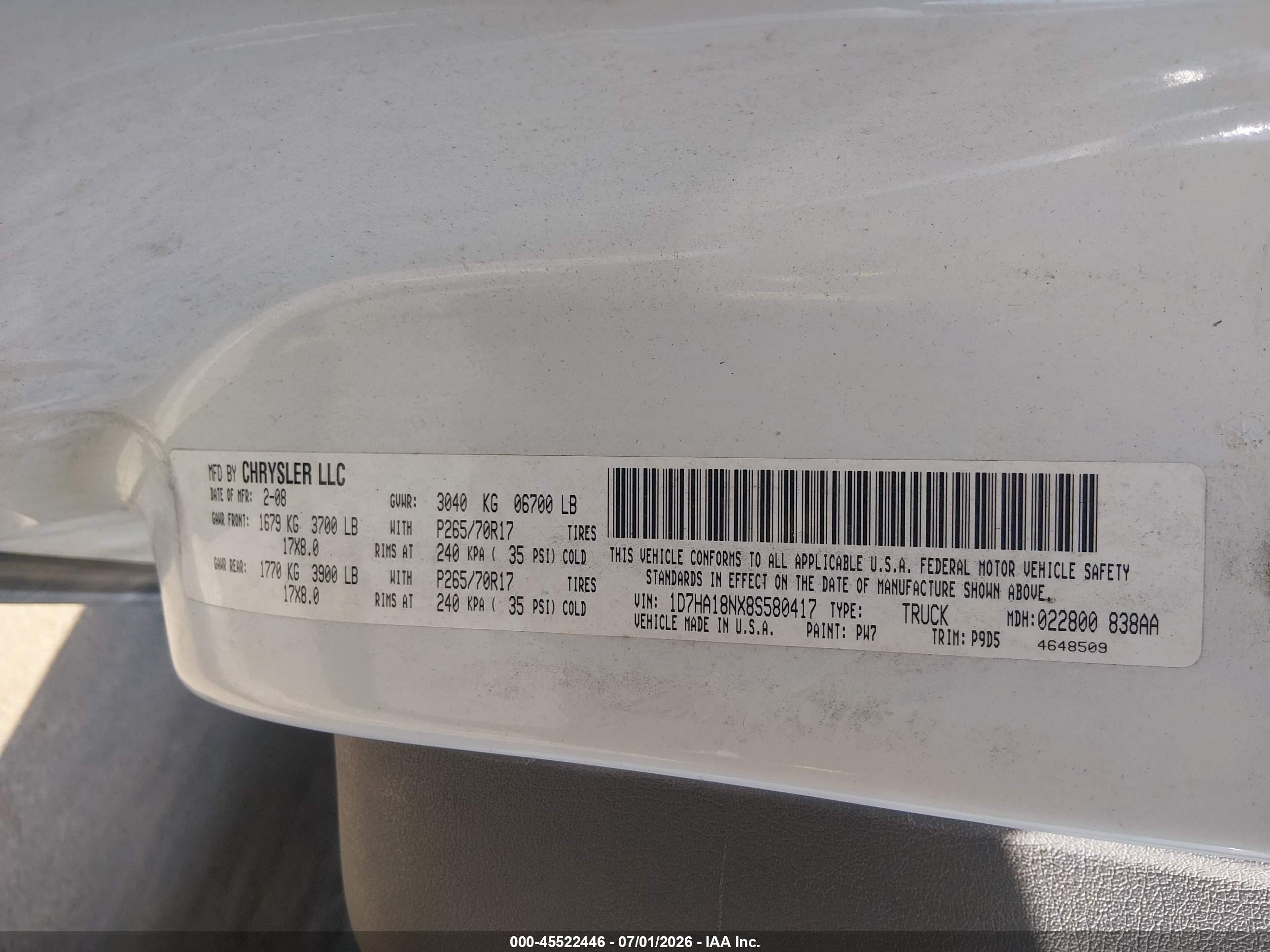 2008 Dodge Ram 1500 Slt White vin: 1D7HA18NX8S580417