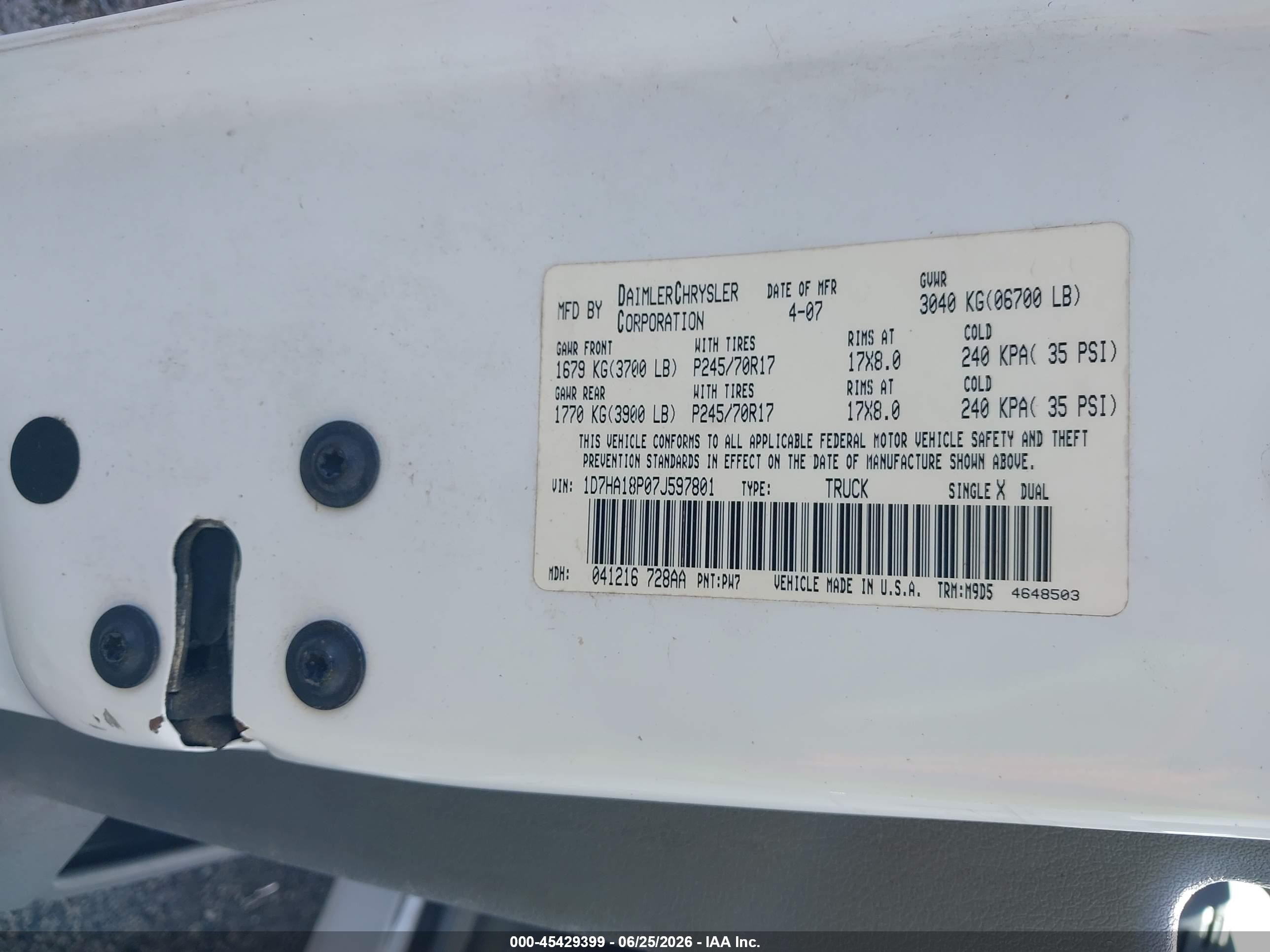 2007 Dodge Ram 1500 Slt White vin: 1D7HA18P07J597801
