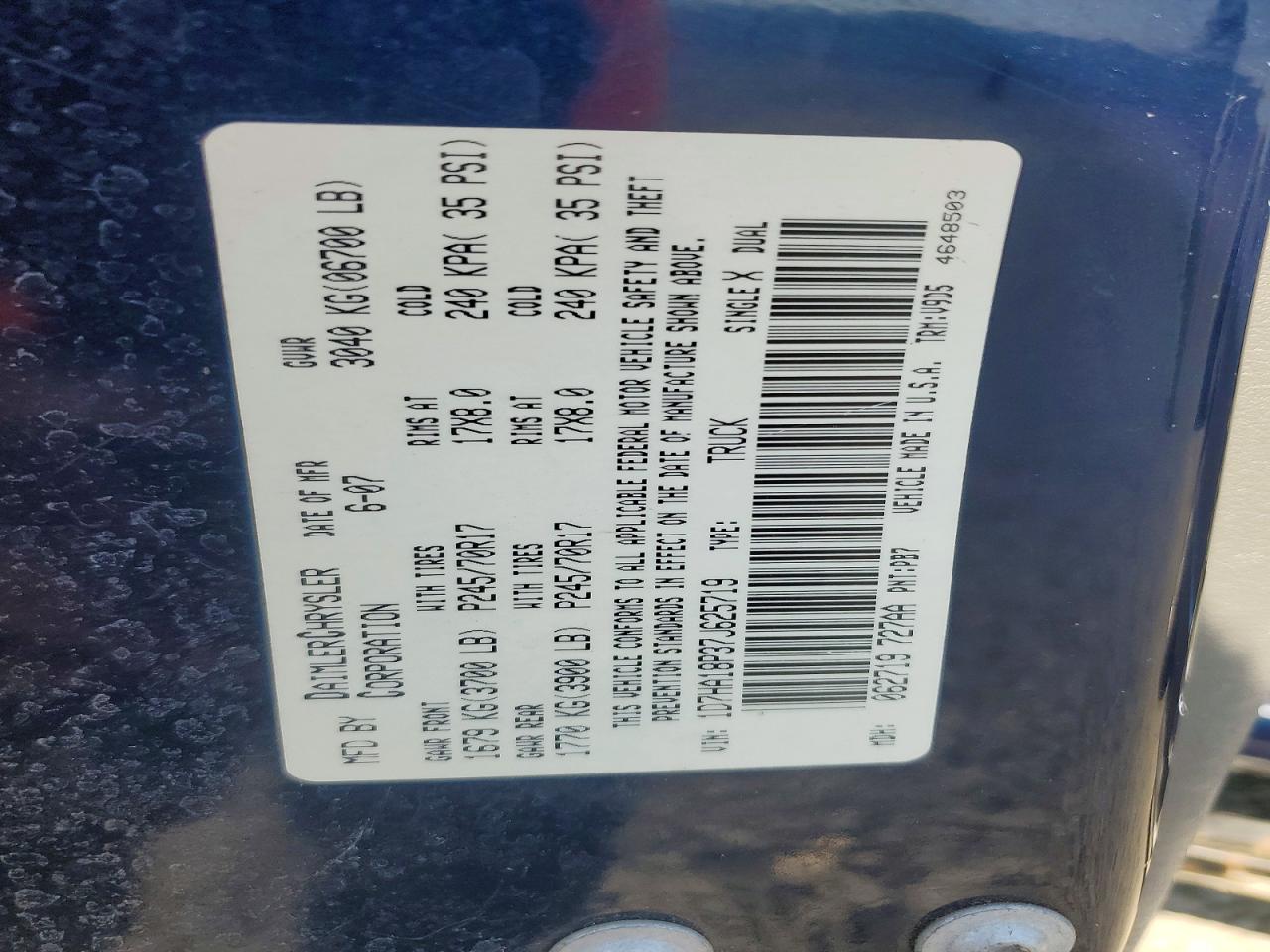 2007 Dodge Ram 1500 St Blue vin: 1D7HA18P37J625719