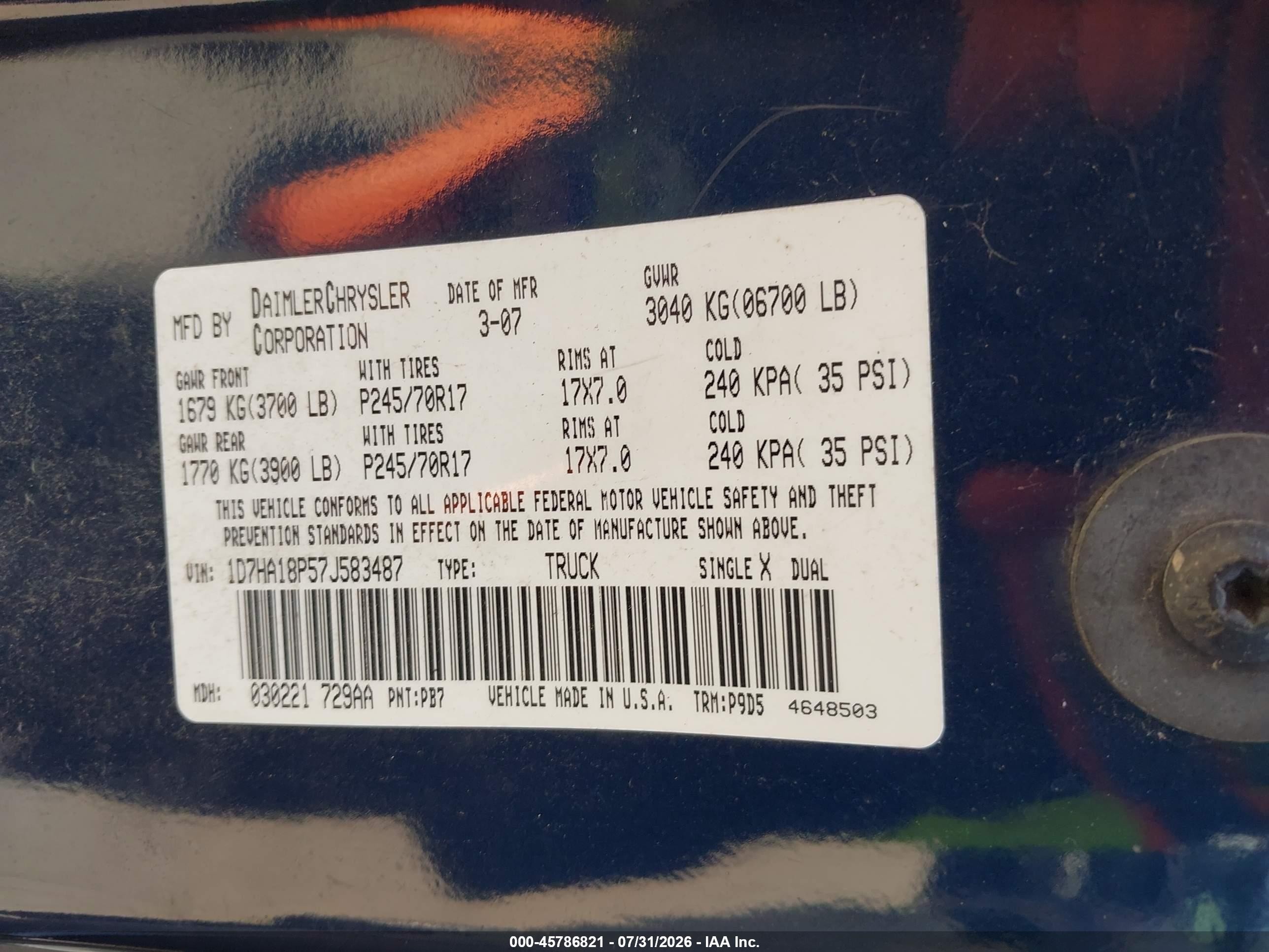 2007 Dodge Ram 1500 St Blue vin: 1D7HA18P57J583487