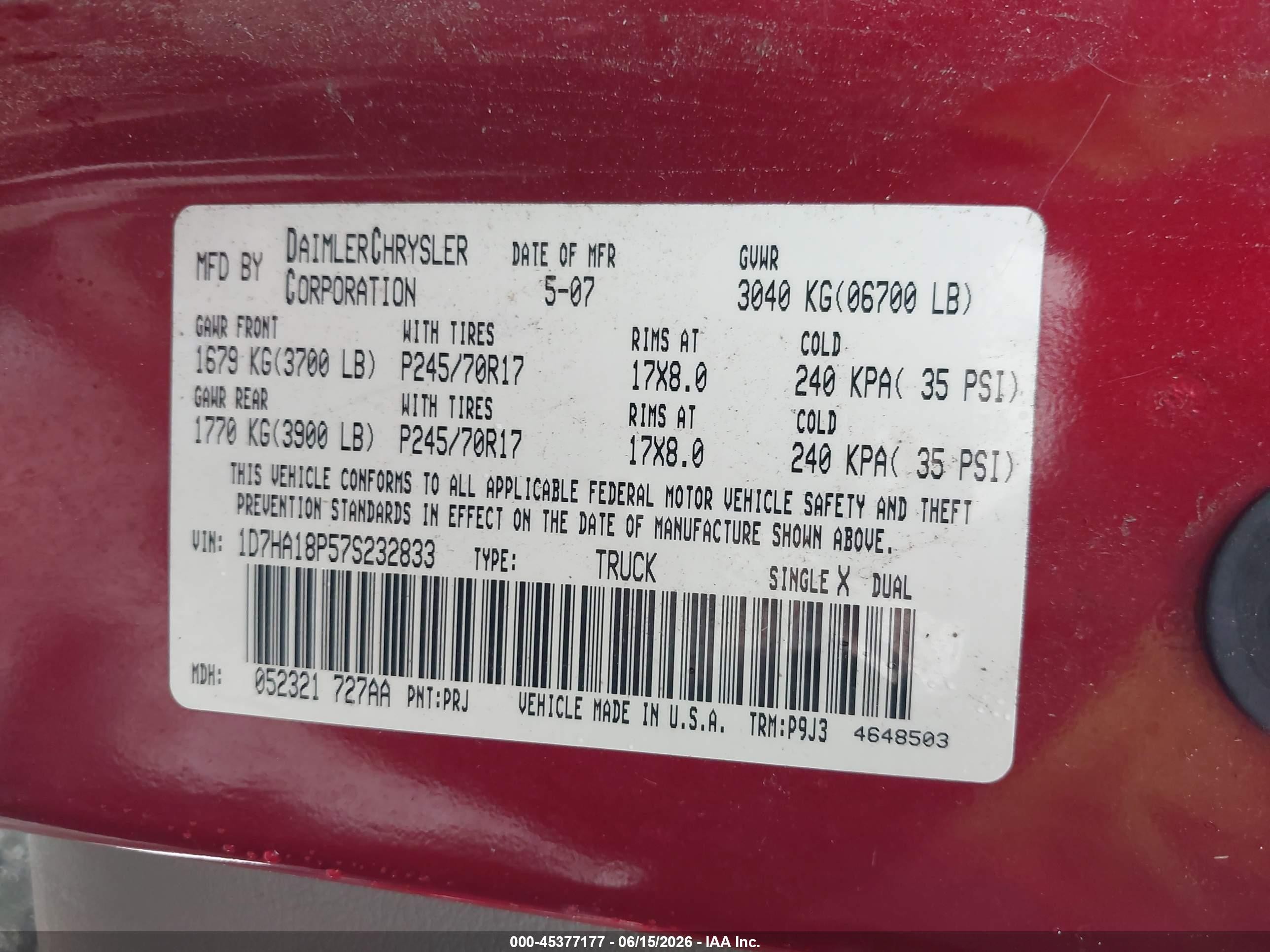 2007 Dodge Ram 1500 St Red vin: 1D7HA18P57S232833
