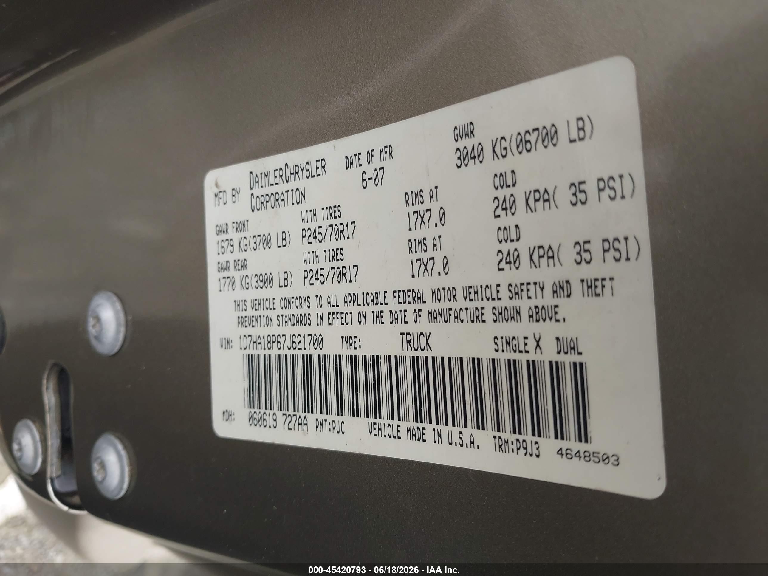 2007 Dodge Ram 1500 St Gold vin: 1D7HA18P67J621700