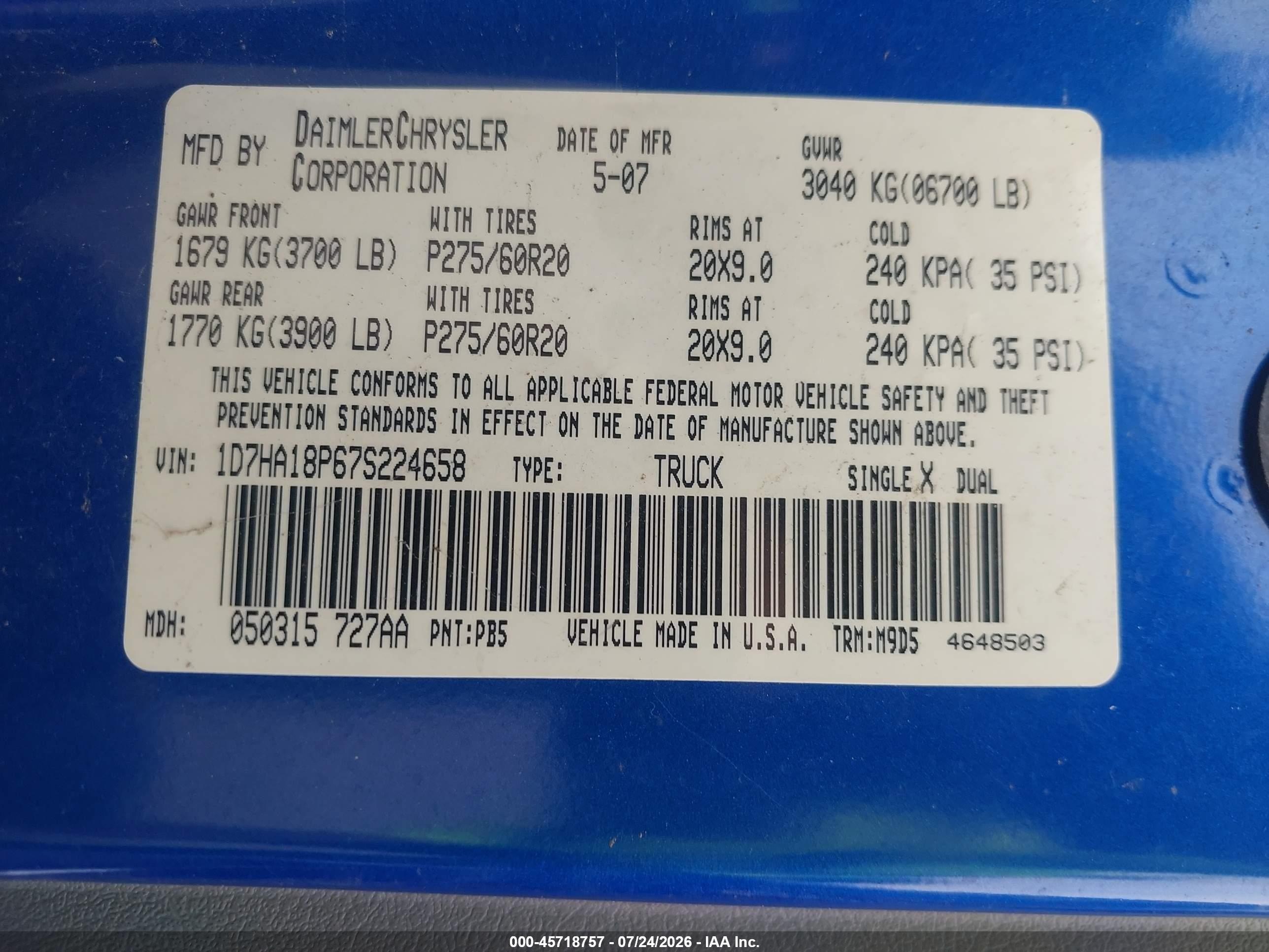 2007 Dodge Ram 1500 Slt Blue vin: 1D7HA18P67S224658