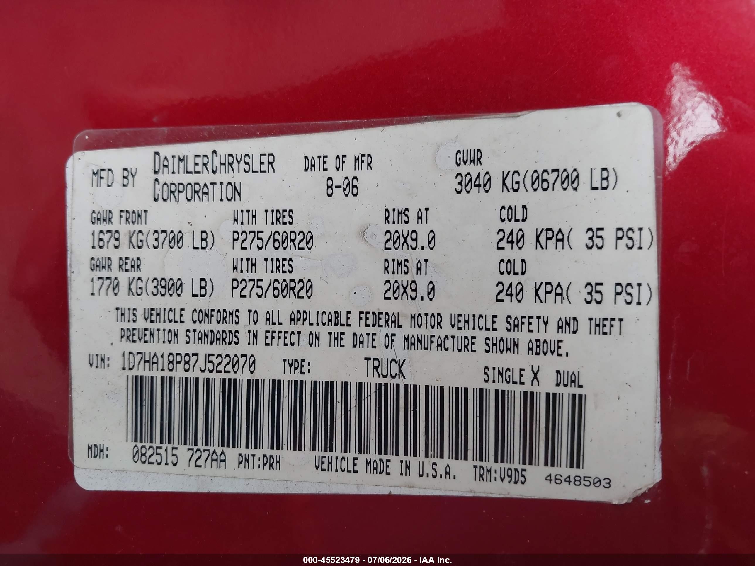 2007 Dodge Ram 1500 Slt Red vin: 1D7HA18P87J522070