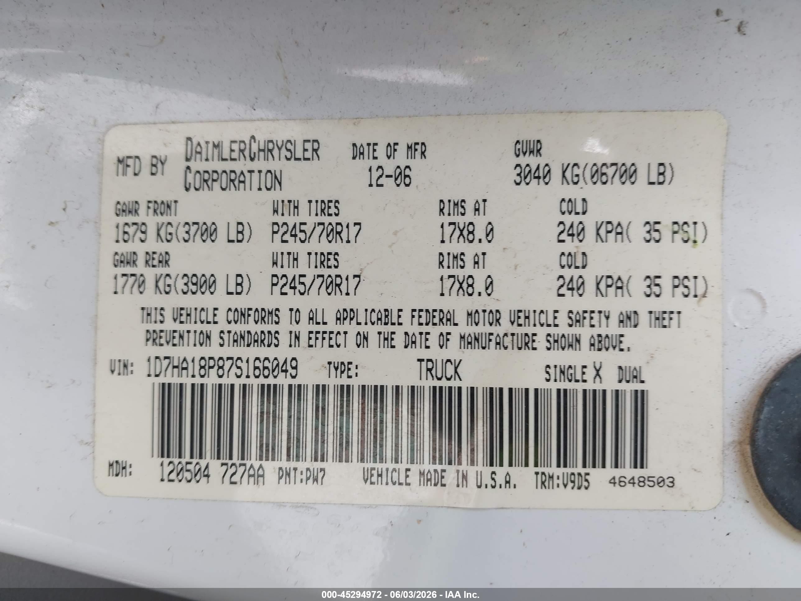2007 Dodge Ram 1500 Slt White vin: 1D7HA18P87S166049