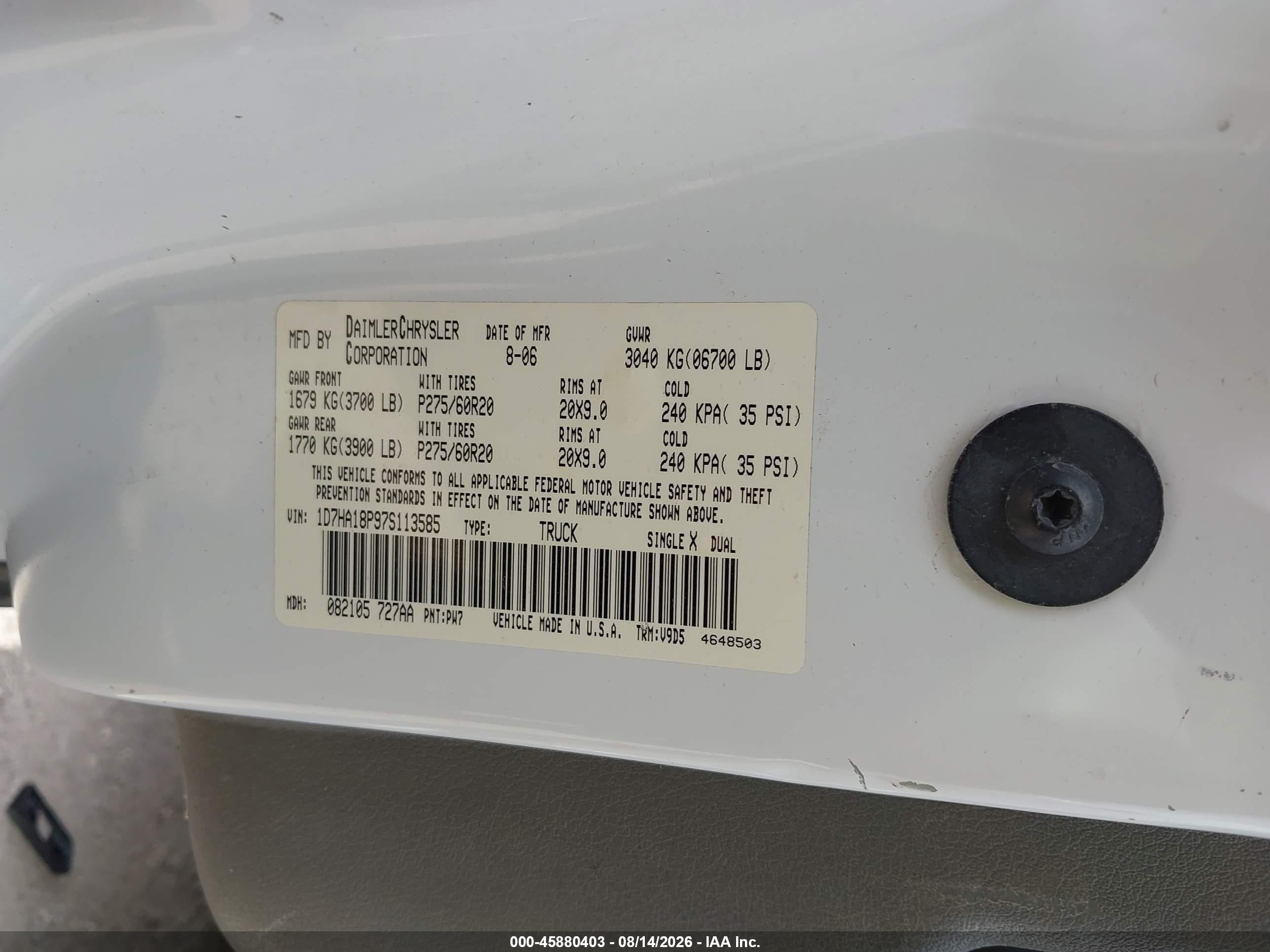 2007 Dodge Ram 1500 Slt White vin: 1D7HA18P97S113585