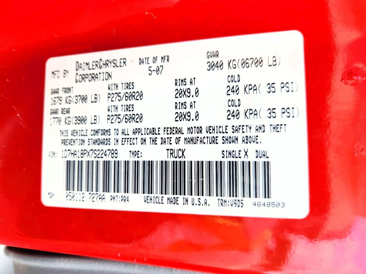 2007 Dodge Ram 1500 St/slt Red vin: 1D7HA18PX7S224789