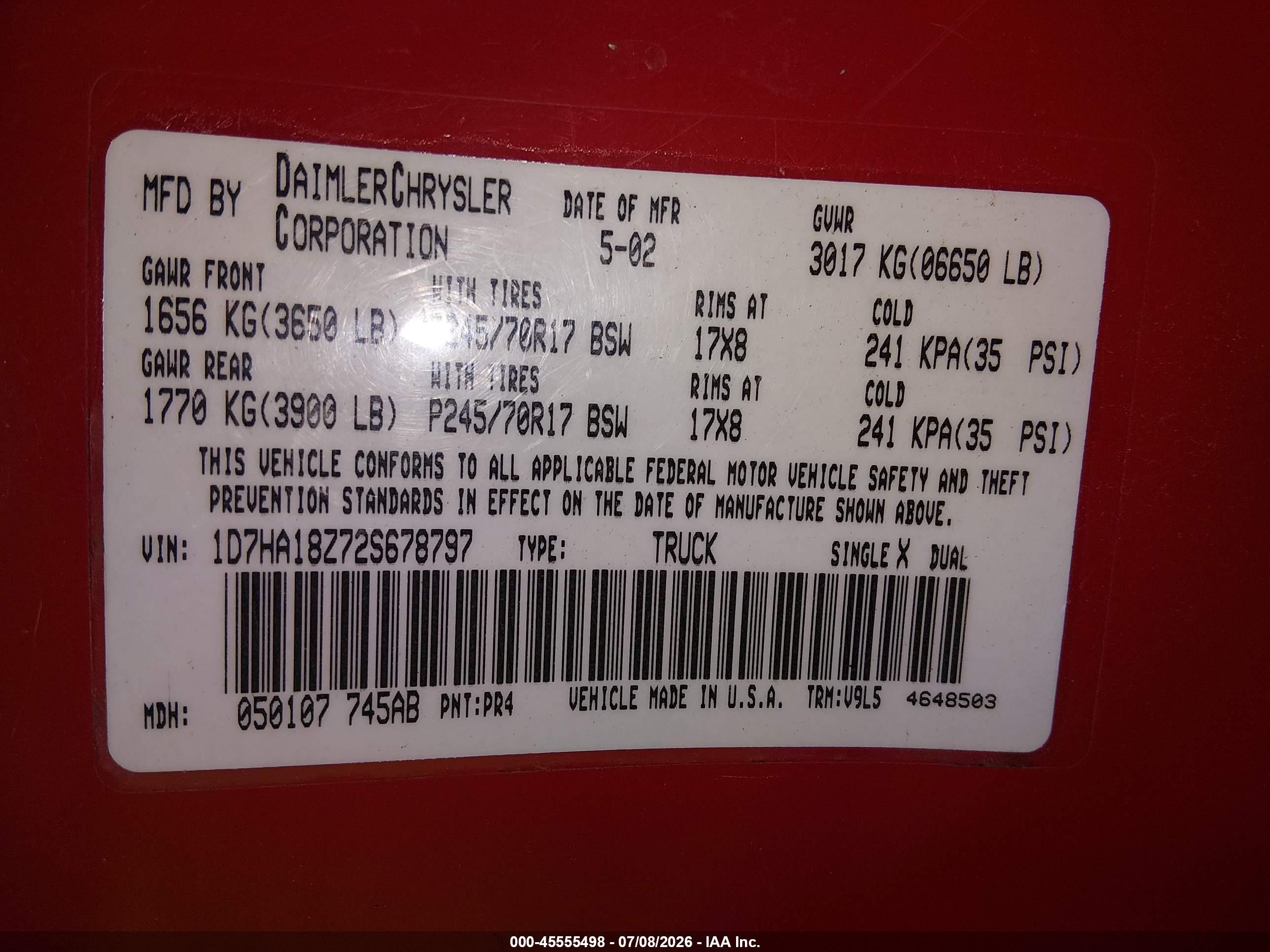 2002 Dodge Ram 1500 St Red vin: 1D7HA18Z72S678797