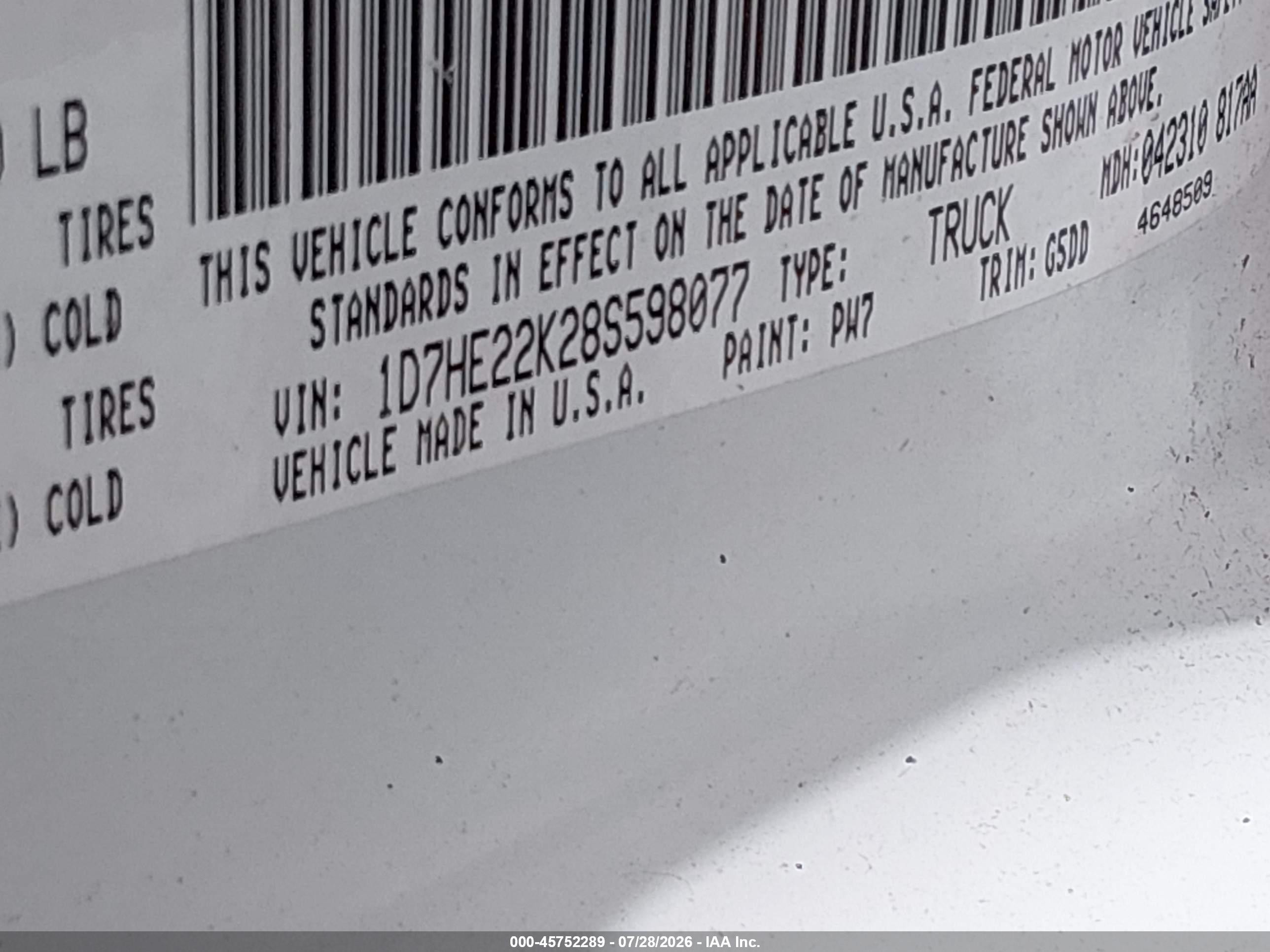 2008 Dodge Dakota St White vin: 1D7HE22K28S598077