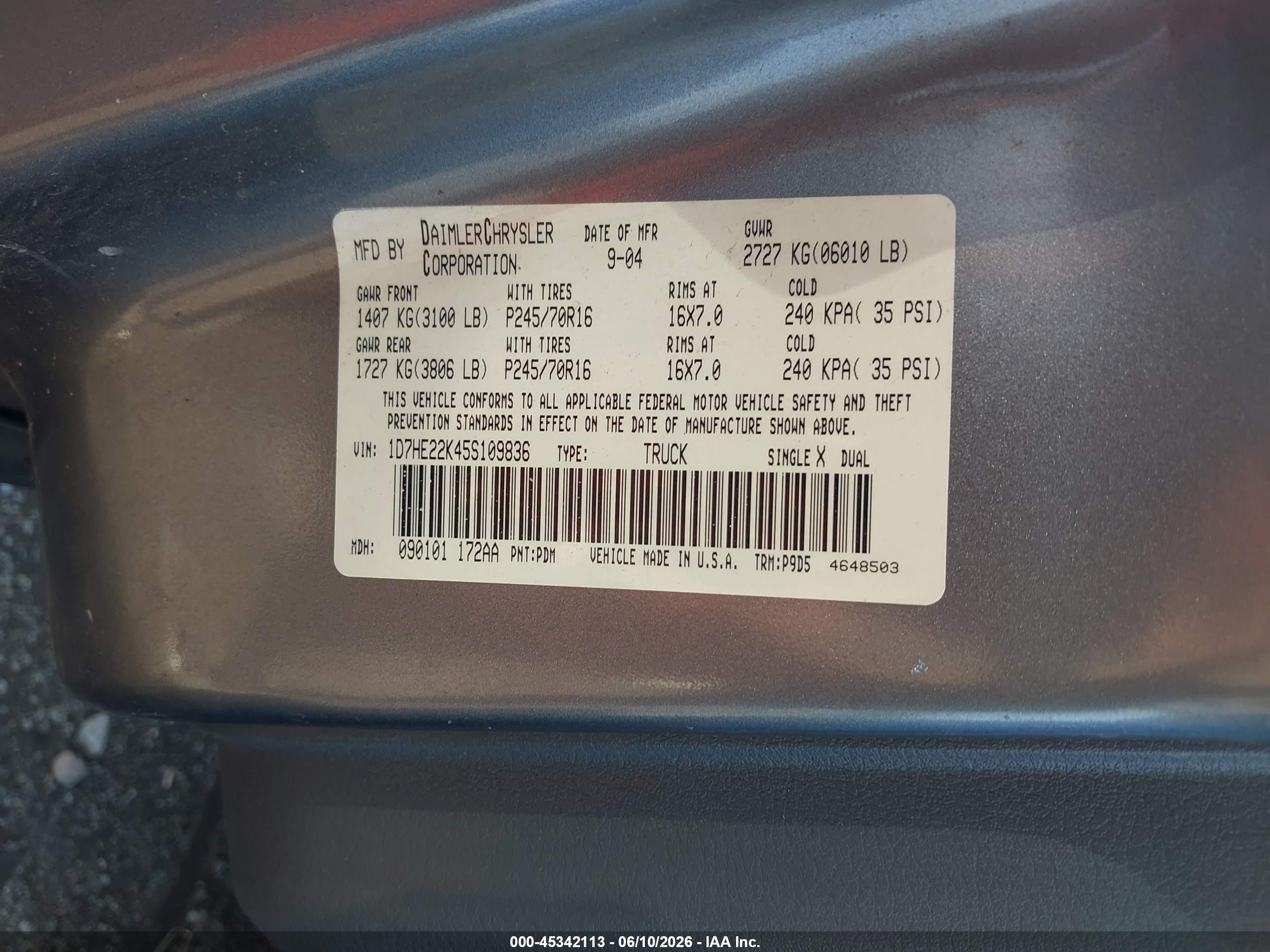 2005 Dodge Dakota St Gray vin: 1D7HE22K45S109836