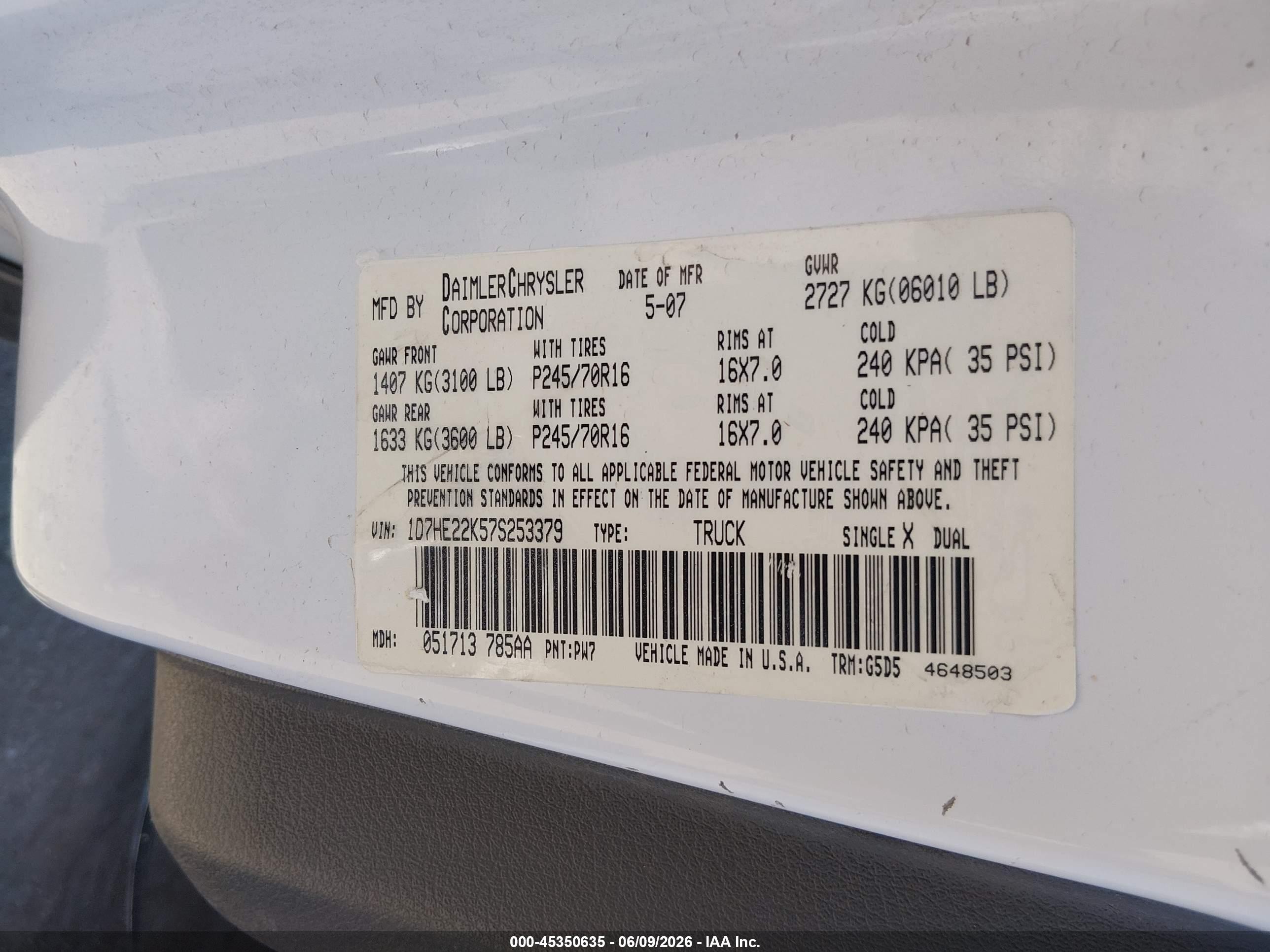 2007 Dodge Dakota St Белый vin: 1D7HE22K57S253379