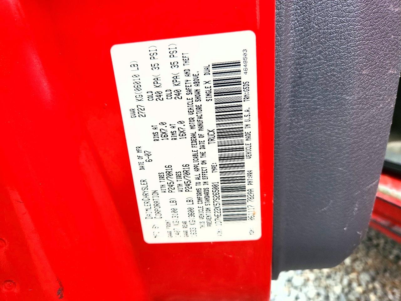 2007 Dodge Dakota St Red vin: 1D7HE22K57S265001