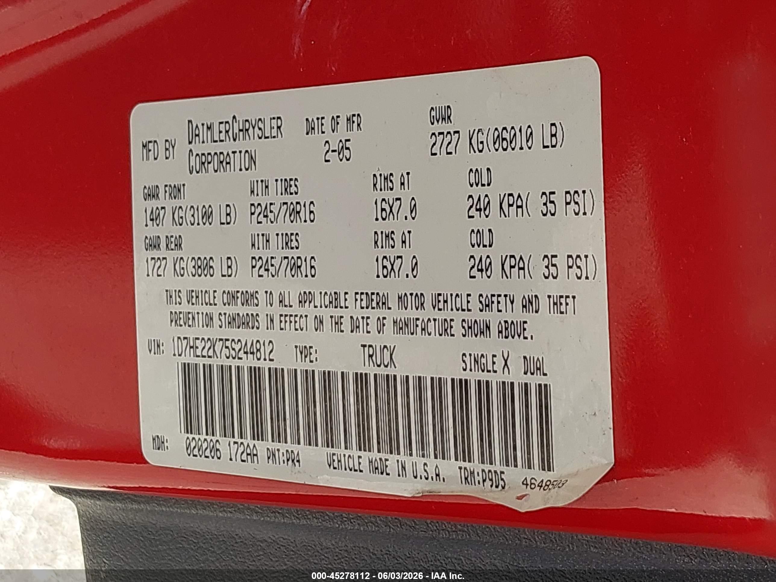 2005 Dodge Dakota St Red vin: 1D7HE22K75S244812