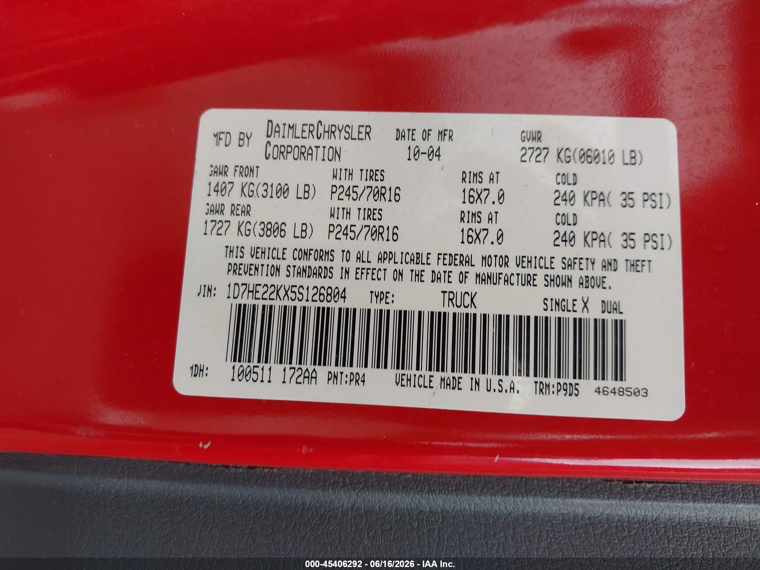 2005 Dodge Dakota St Red vin: 1D7HE22KX5S126804