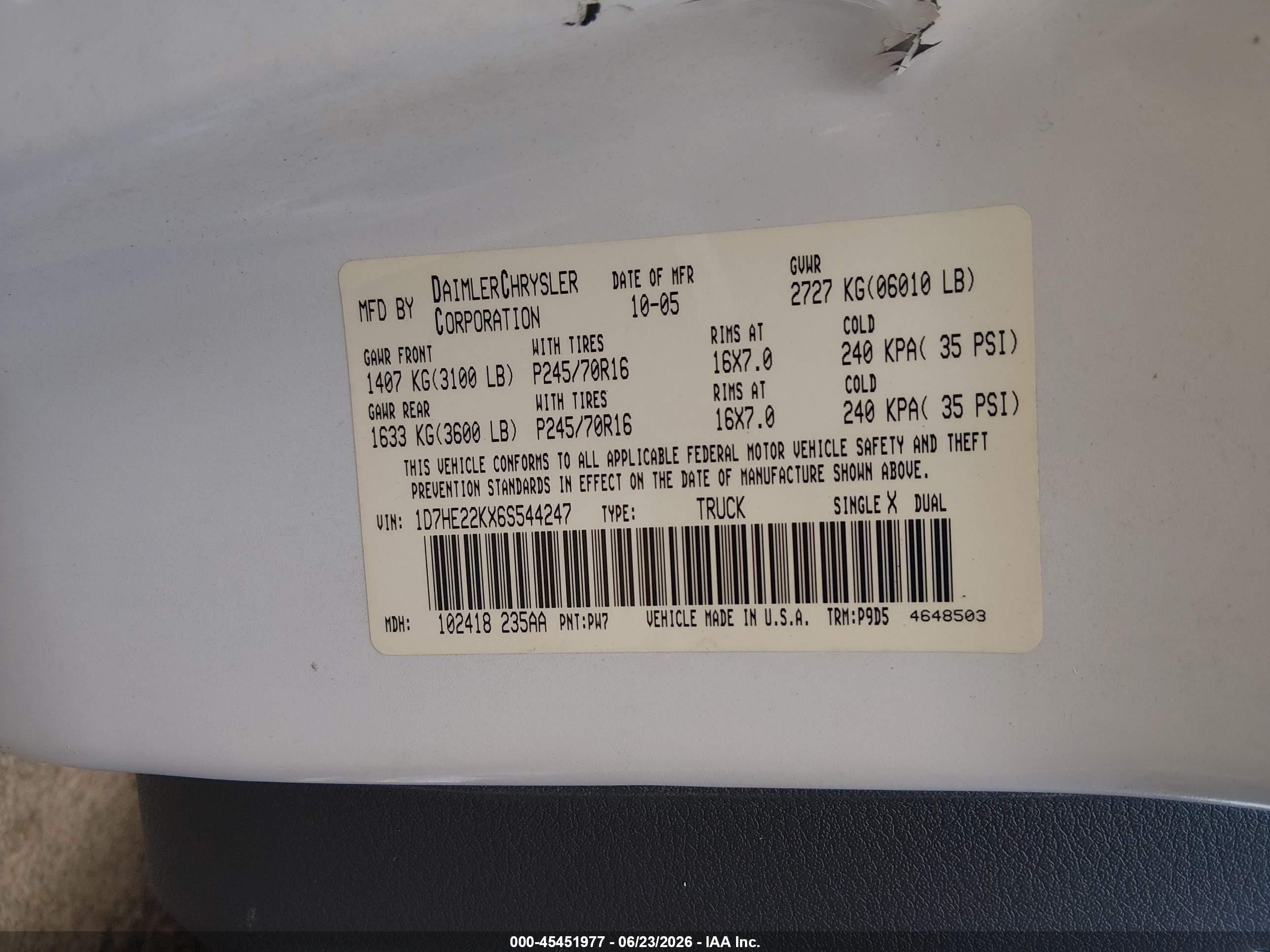 2006 Dodge Dakota St White vin: 1D7HE22KX6S544247