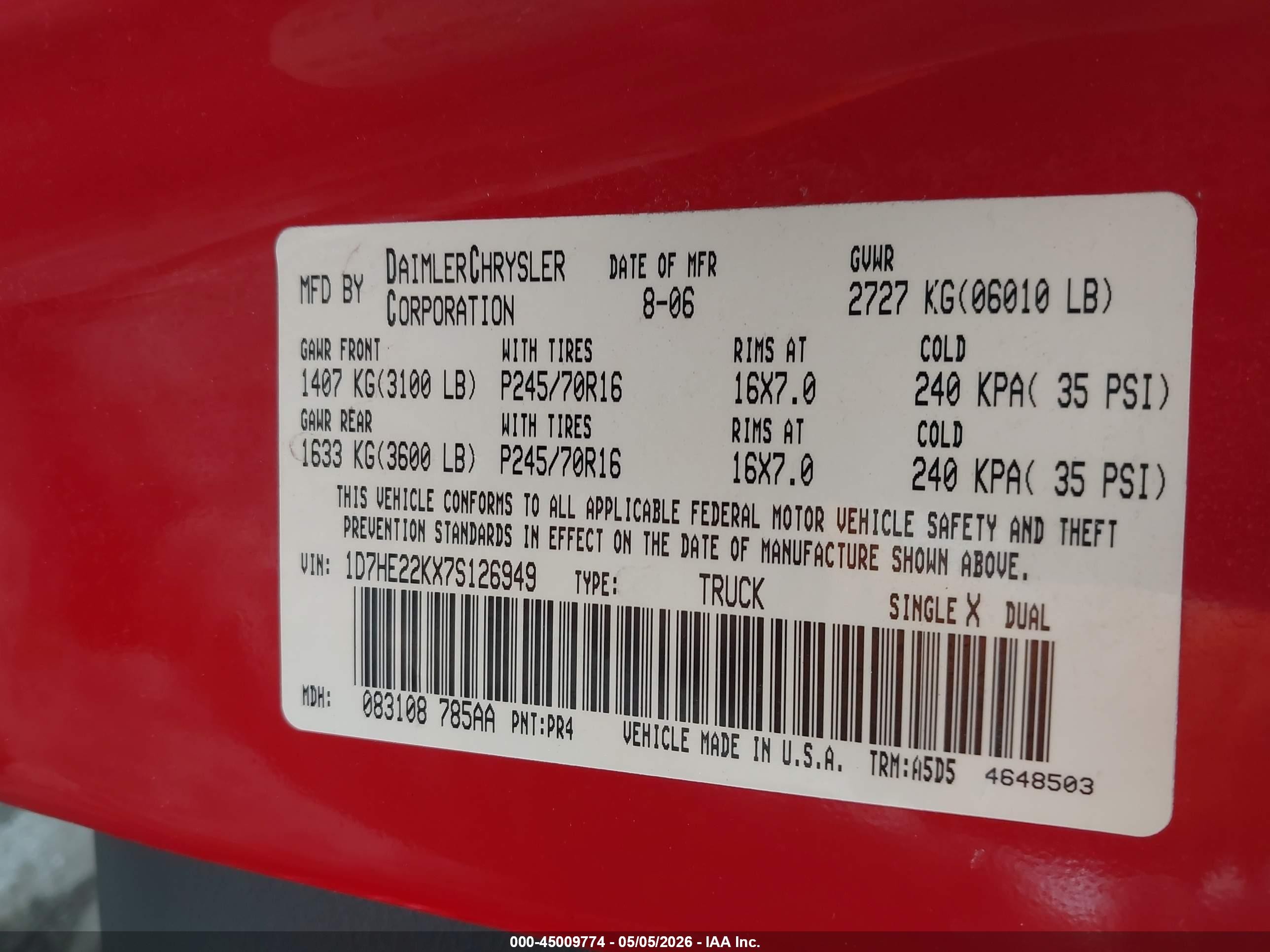 2007 Dodge Dakota St Red vin: 1D7HE22KX7S126949