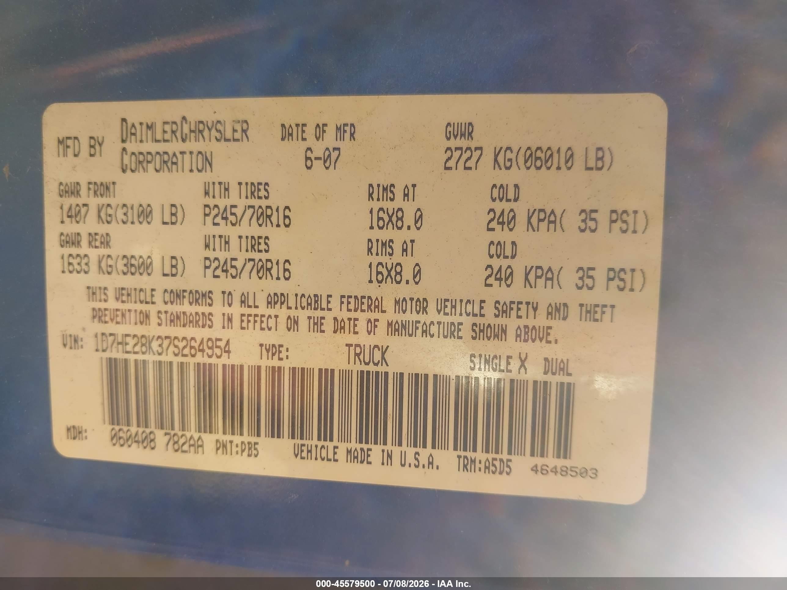 2007 Dodge Dakota St Blue vin: 1D7HE28K37S264954