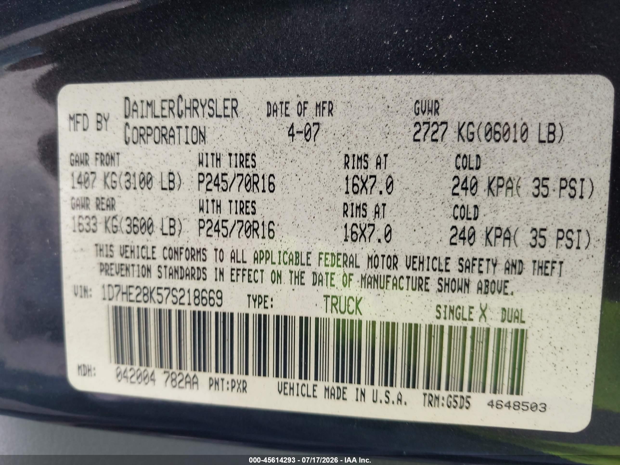 2007 Dodge Dakota St Черный vin: 1D7HE28K57S218669