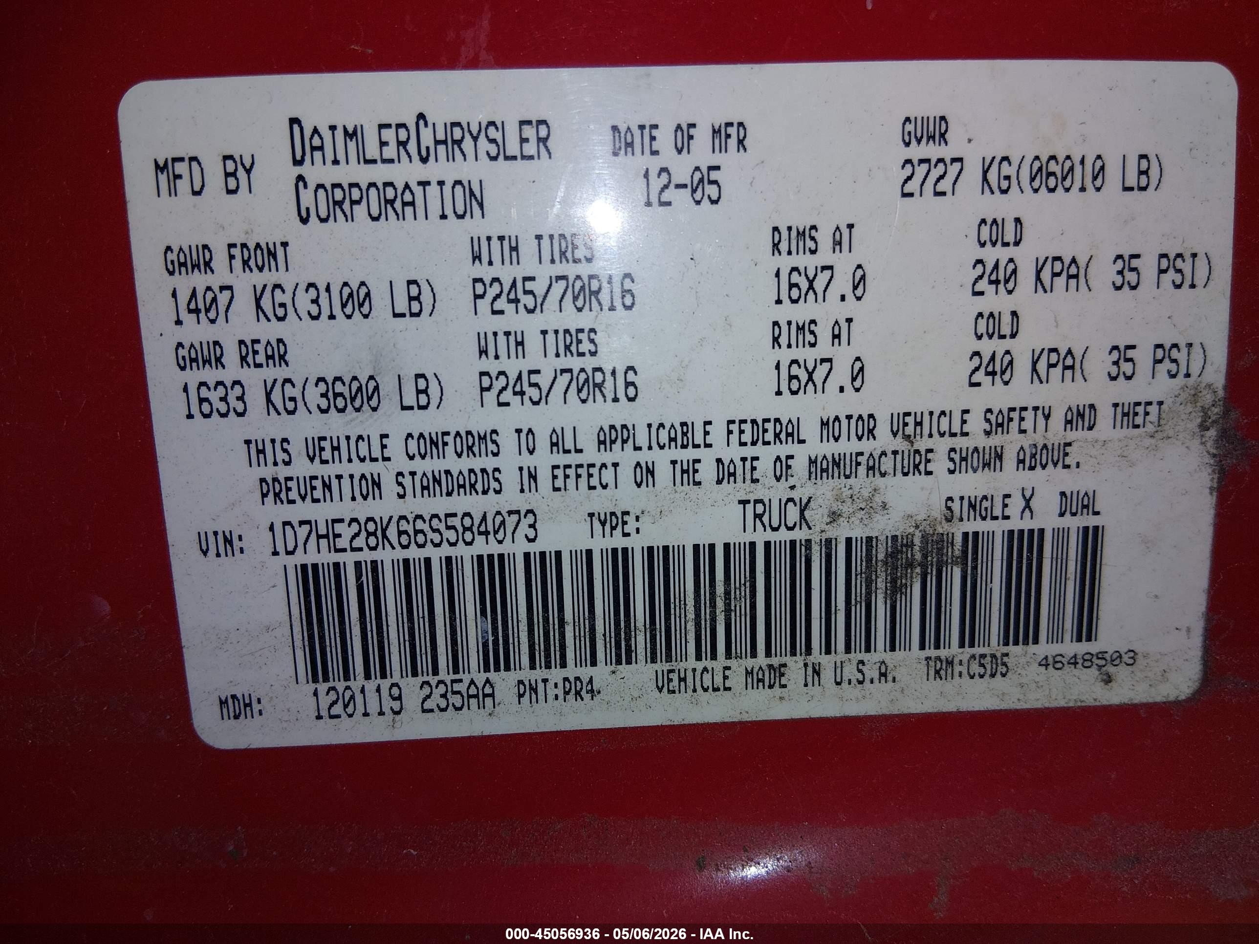 2006 Dodge Dakota St Red vin: 1D7HE28K66S584073
