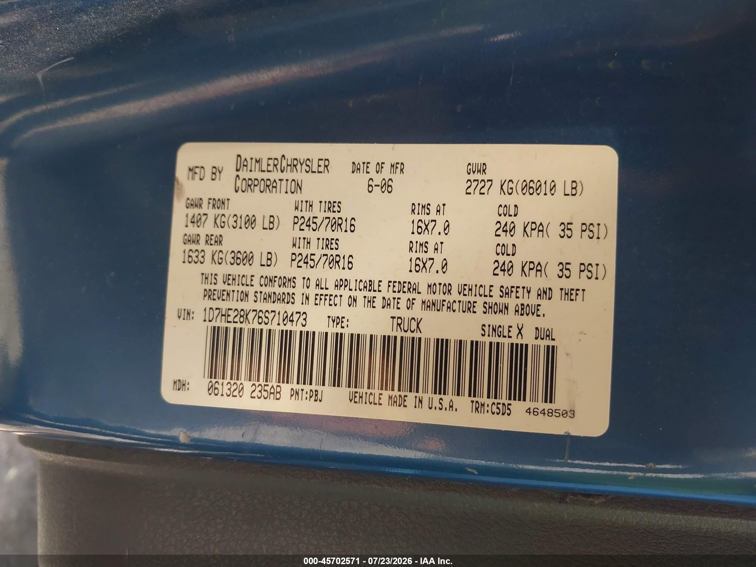 2006 Dodge Dakota St Blue vin: 1D7HE28K76S710473