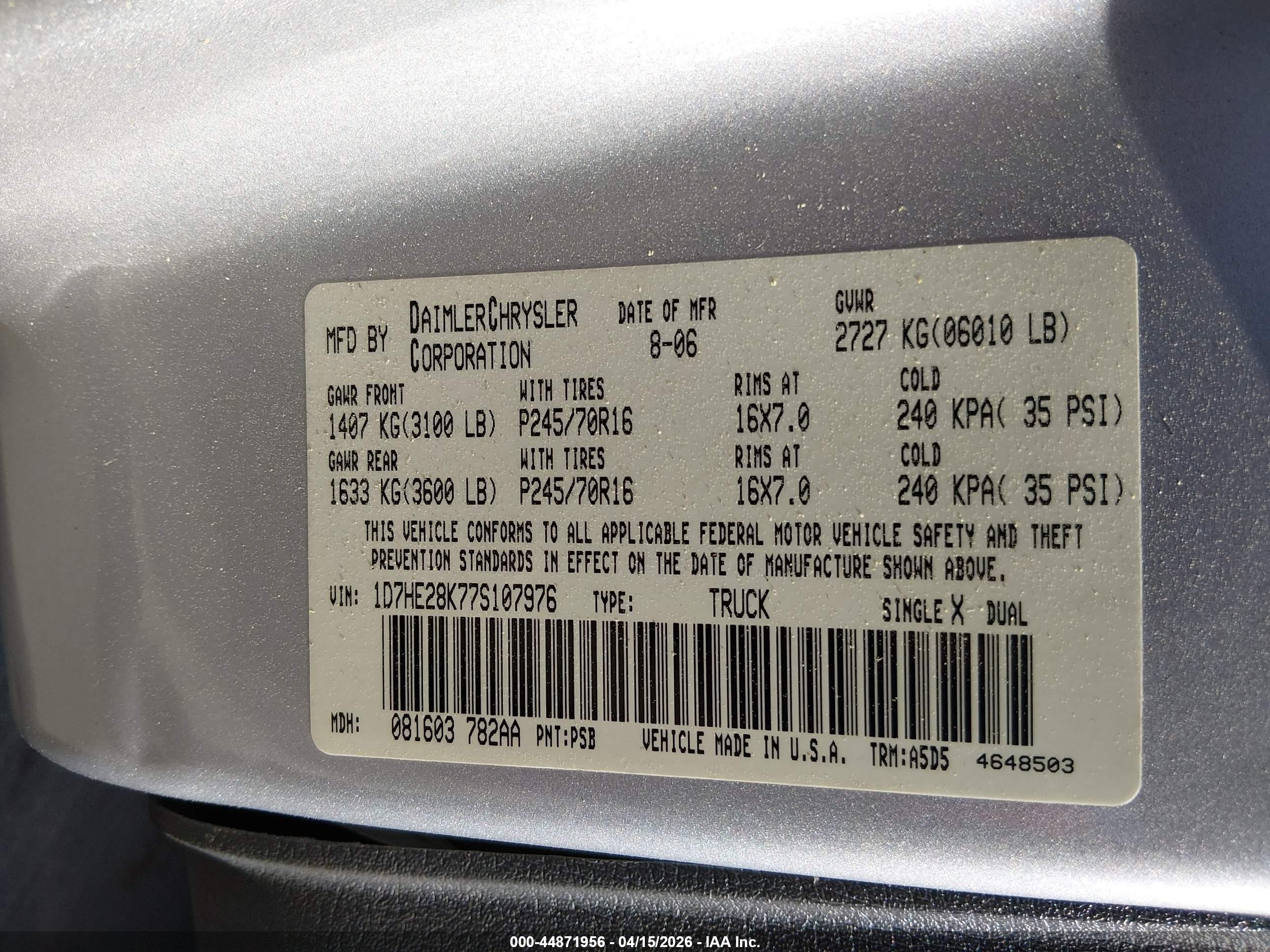 2007 Dodge Dakota St Gray vin: 1D7HE28K77S107976