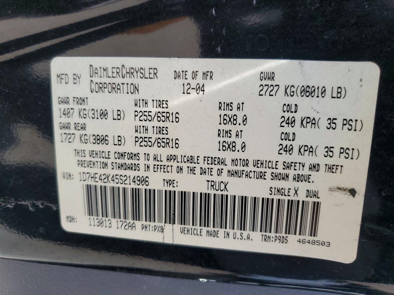 2005 Dodge Dakota Slt Черный vin: 1D7HE42K45S214906