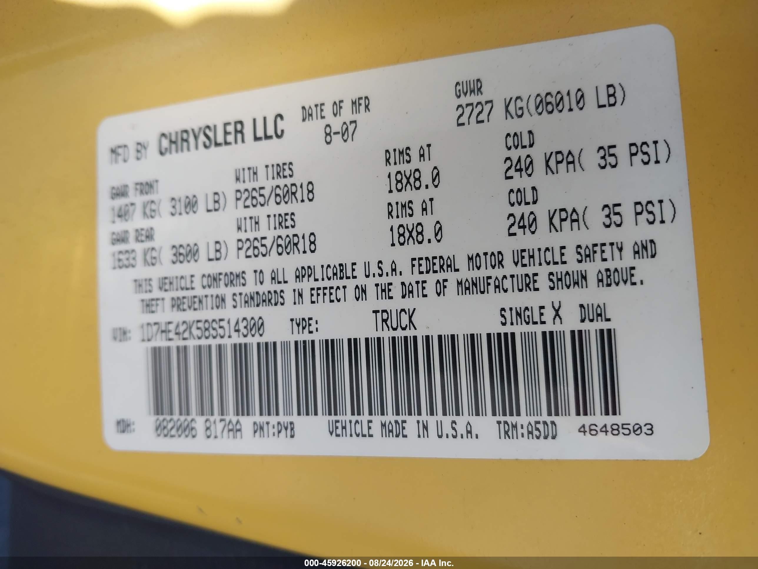 2008 Dodge Dakota Slt Yellow vin: 1D7HE42K58S514300