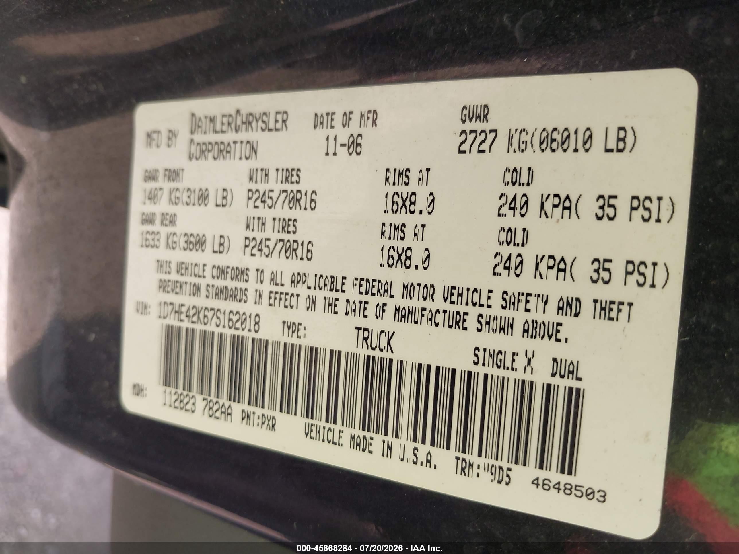 2007 Dodge Dakota Slt Черный vin: 1D7HE42K67S162018
