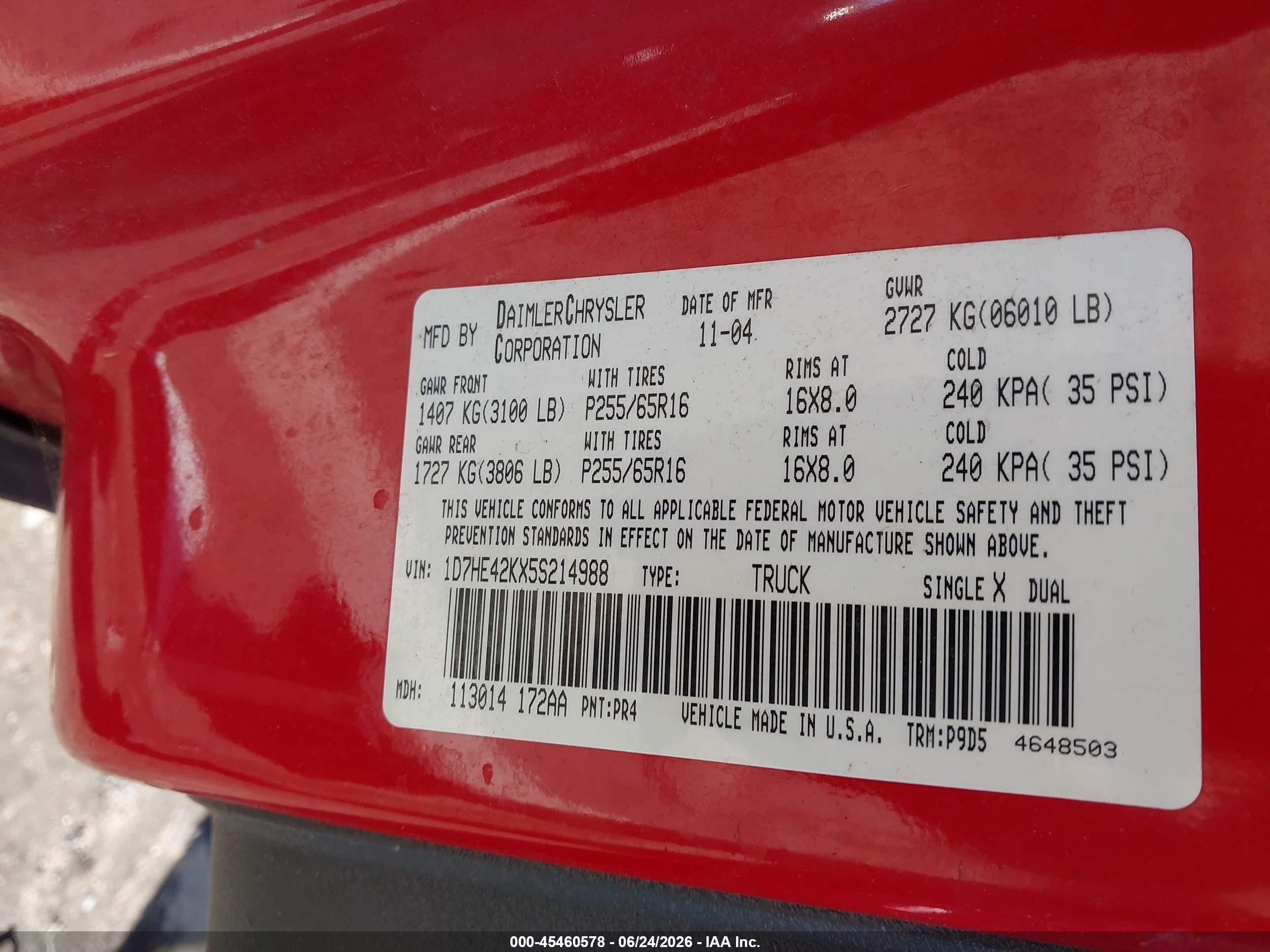 2005 Dodge Dakota Slt Red vin: 1D7HE42KX5S214988