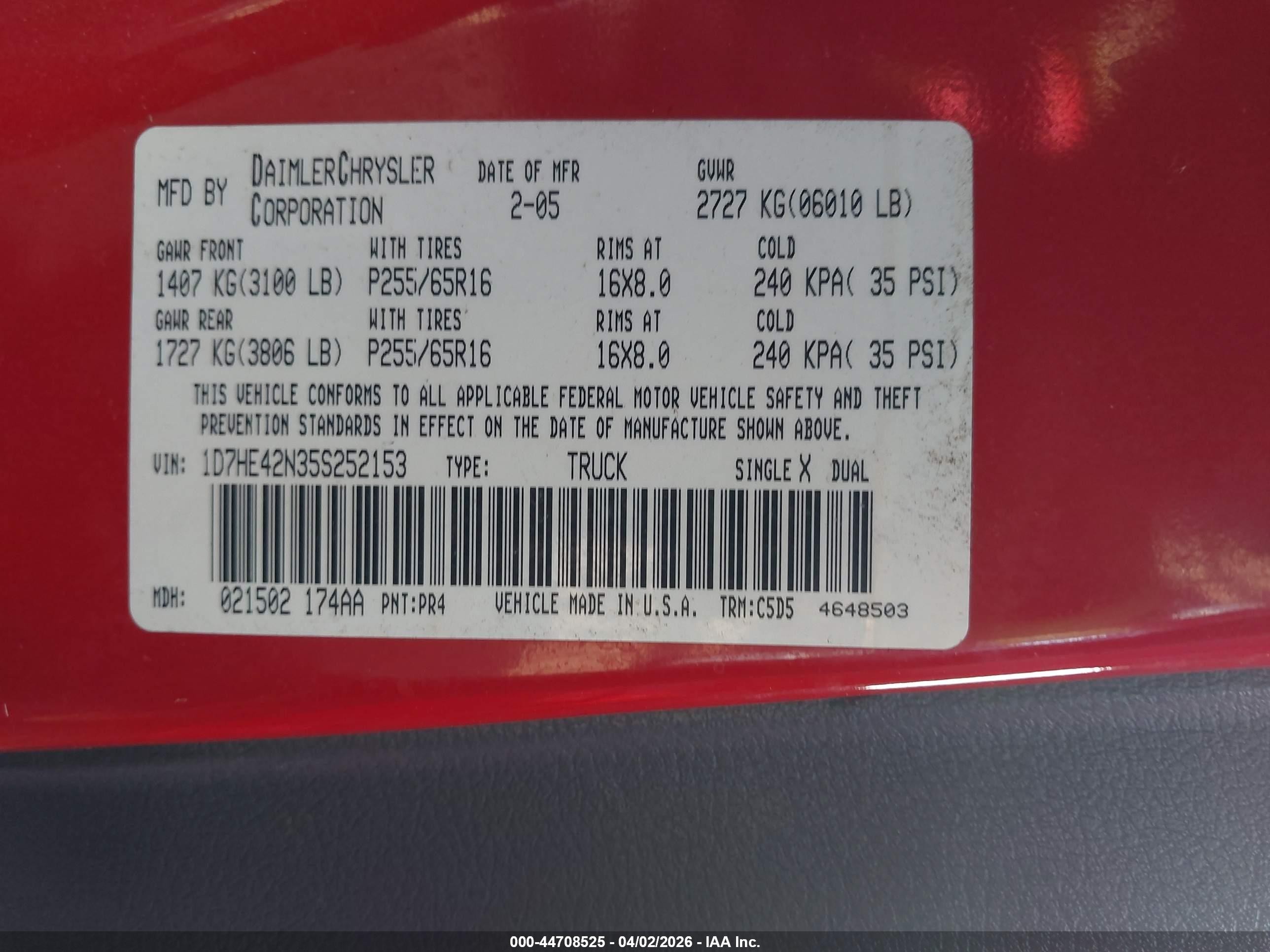 2005 Dodge Dakota Slt Red vin: 1D7HE42N35S252153