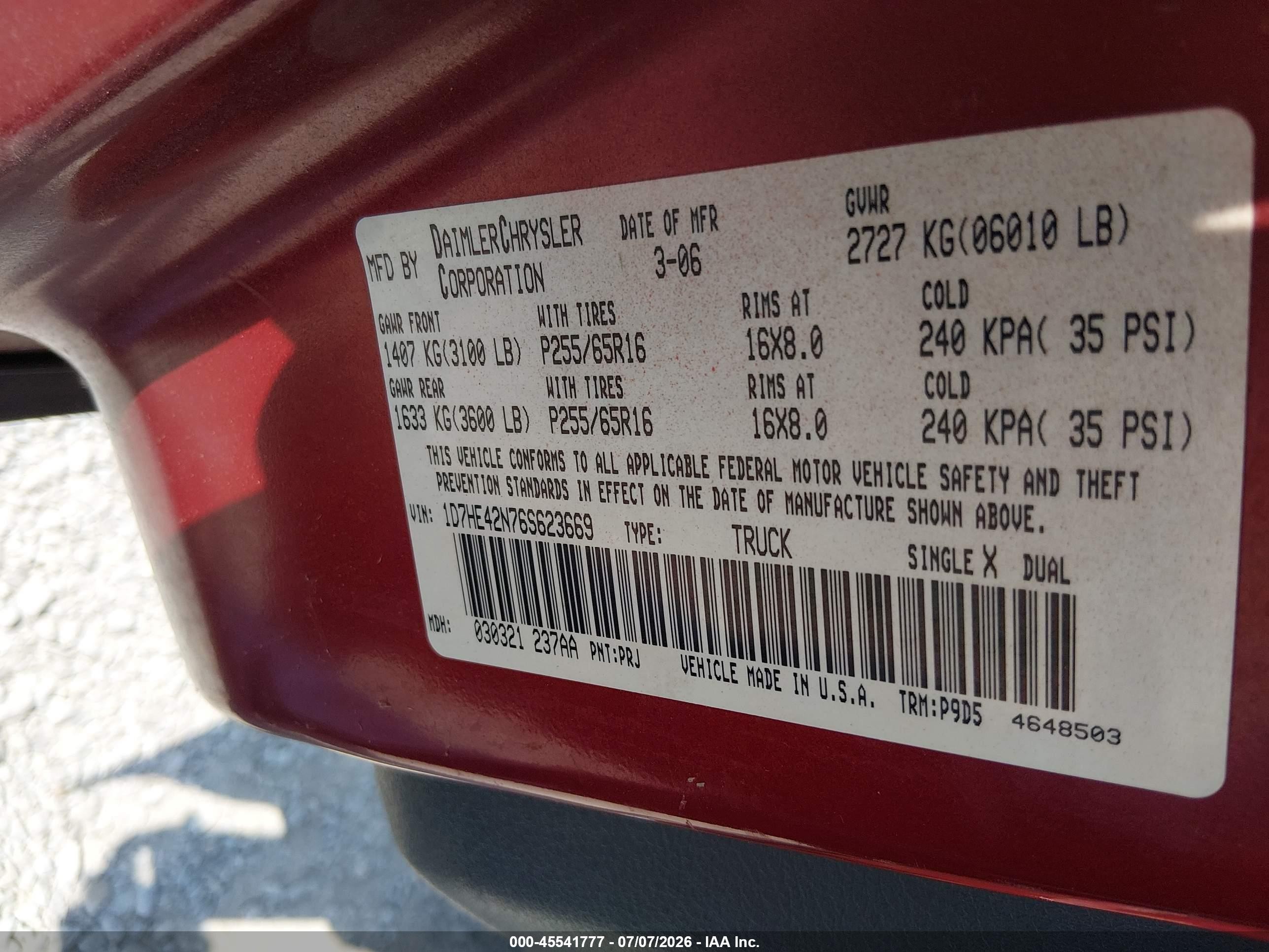 2006 Dodge Dakota Slt Burgundy vin: 1D7HE42N76S623669