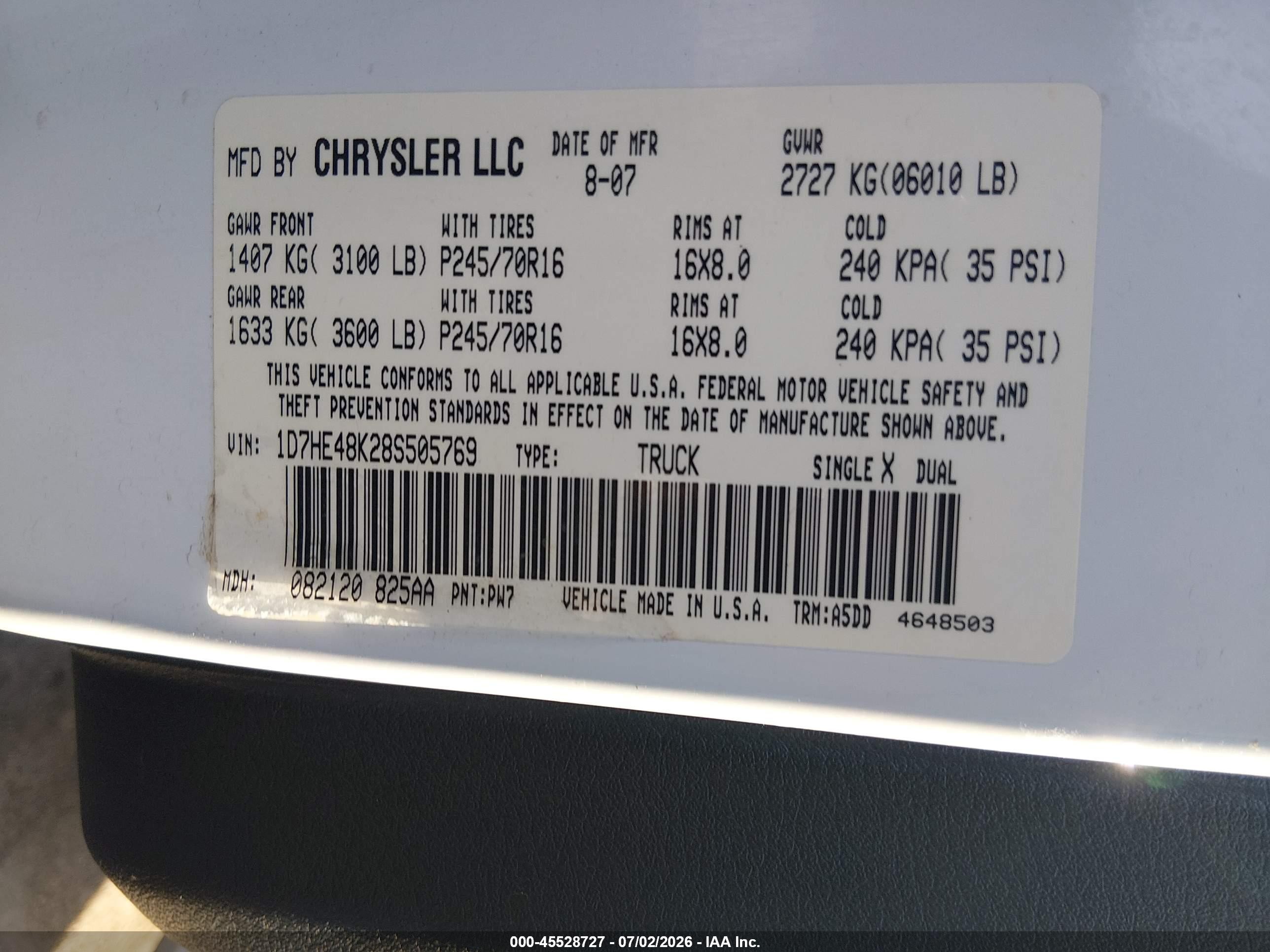 2008 Dodge Dakota Slt White vin: 1D7HE48K28S505769