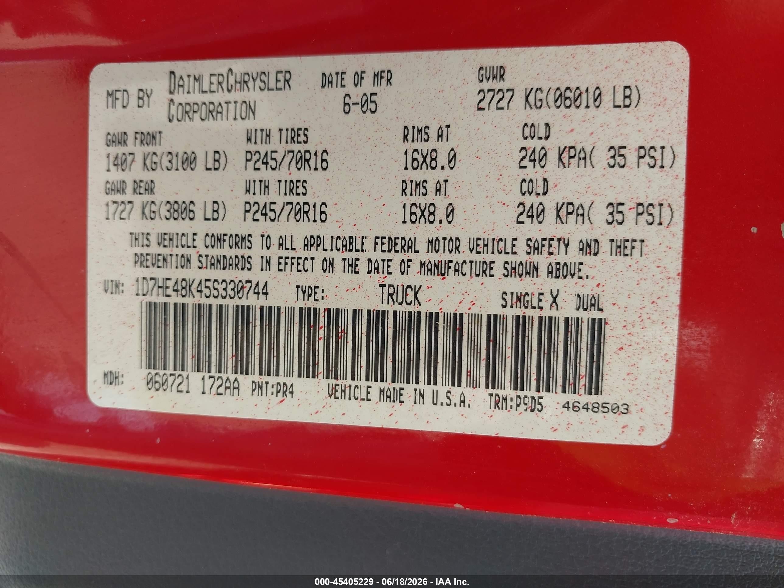 2005 Dodge Dakota Slt Red vin: 1D7HE48K45S330744