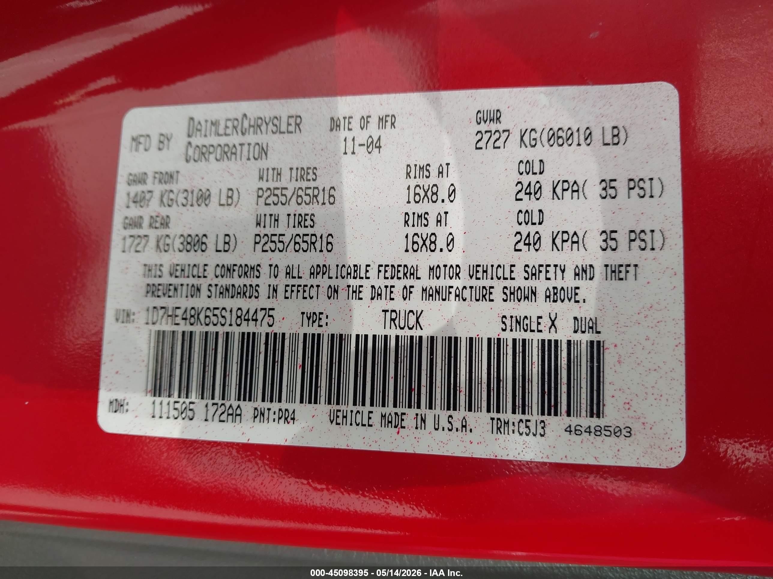 2005 Dodge Dakota Slt Красный vin: 1D7HE48K65S184475