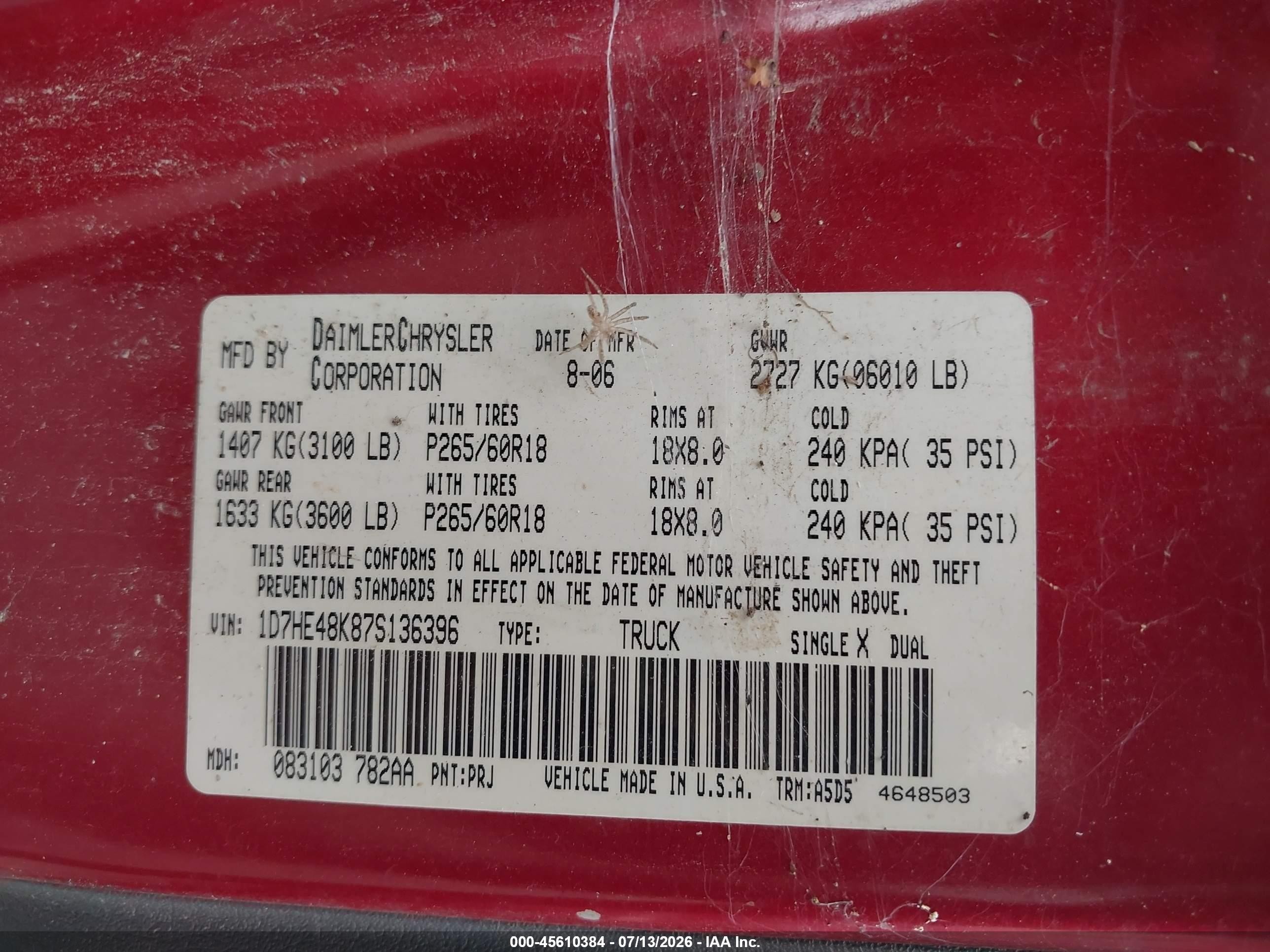 2007 Dodge Dakota Slt Red vin: 1D7HE48K87S136396