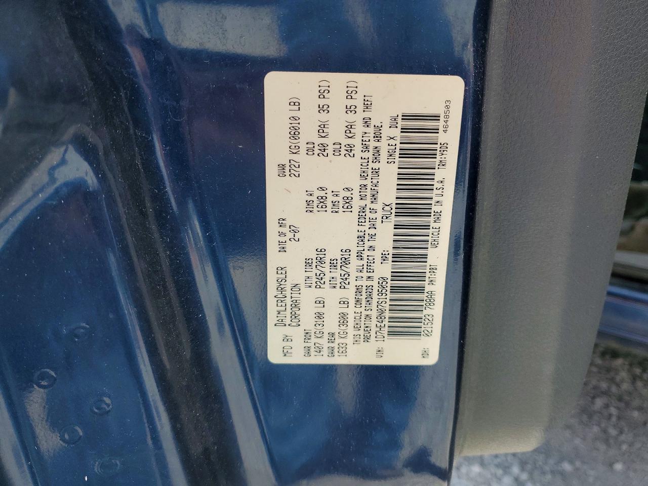 2007 Dodge Dakota Quad Slt Blue vin: 1D7HE48N07S195050